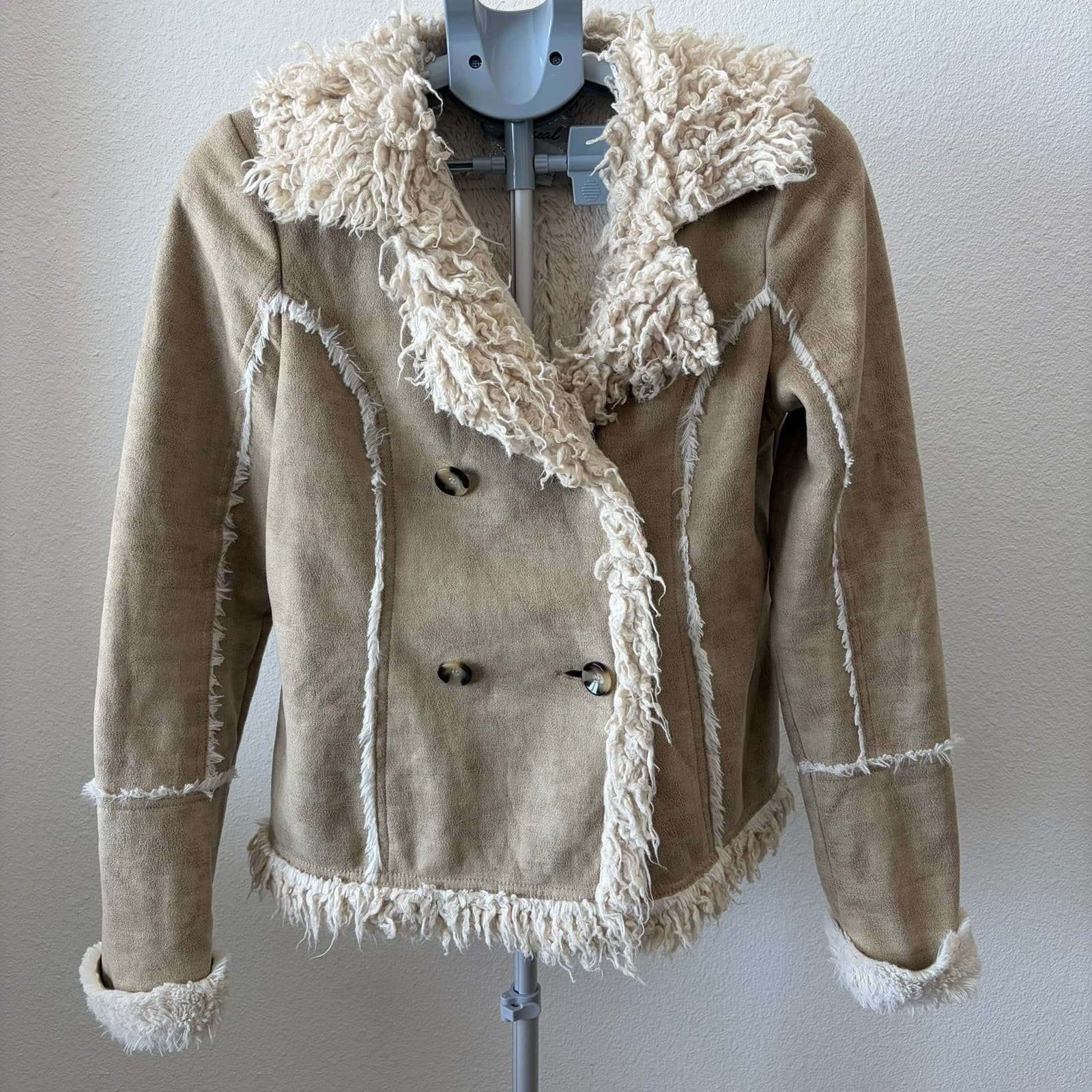 Wet Seal Faux Fur Suede Jacket Womens Medium Tan Vintage Y2K Penny Lane Boho - Thumbnail 4