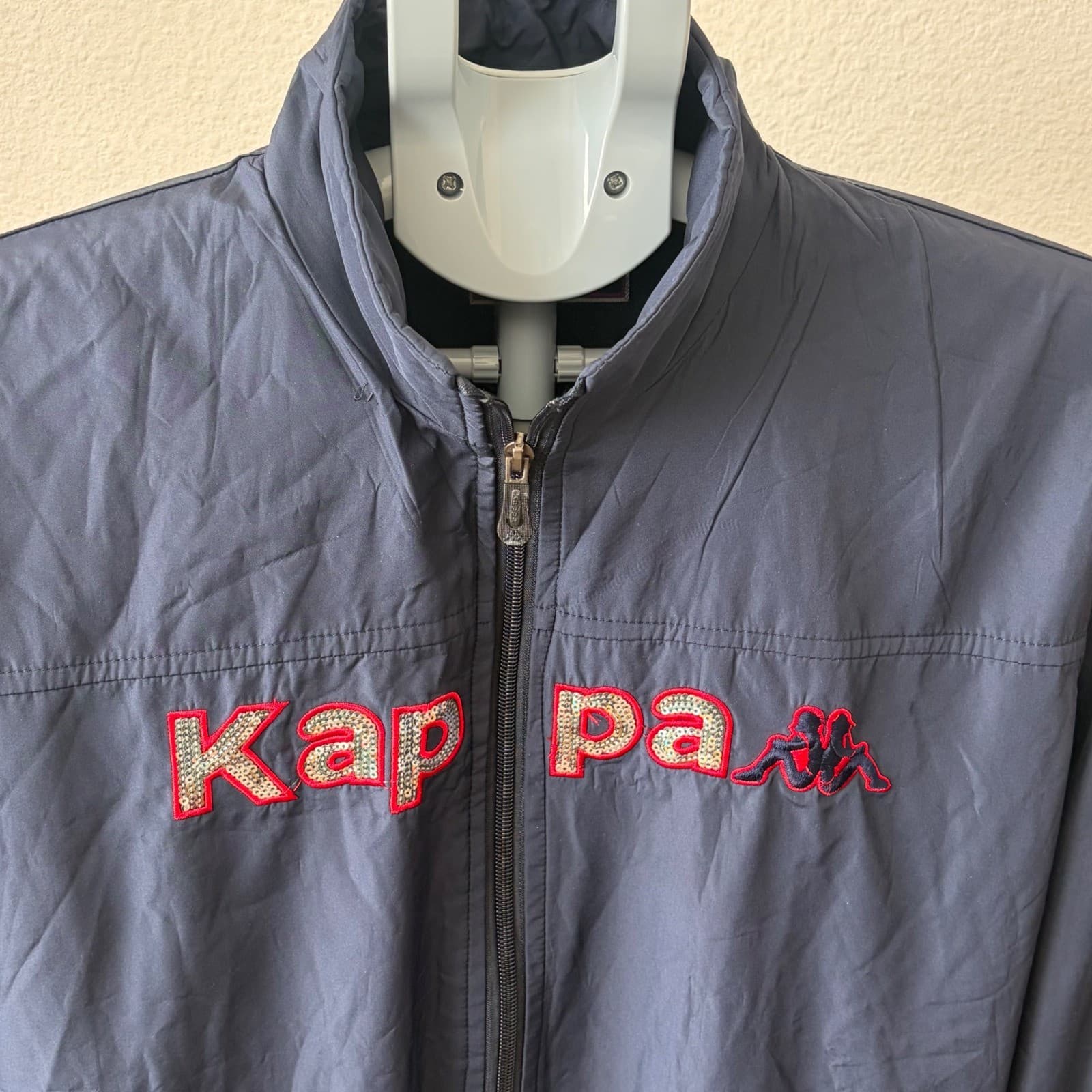 Kappa Windbreaker Jacket Womens XL Navy Blue Sequined Logo Spell Out Stripe Zip - Thumbnail 2