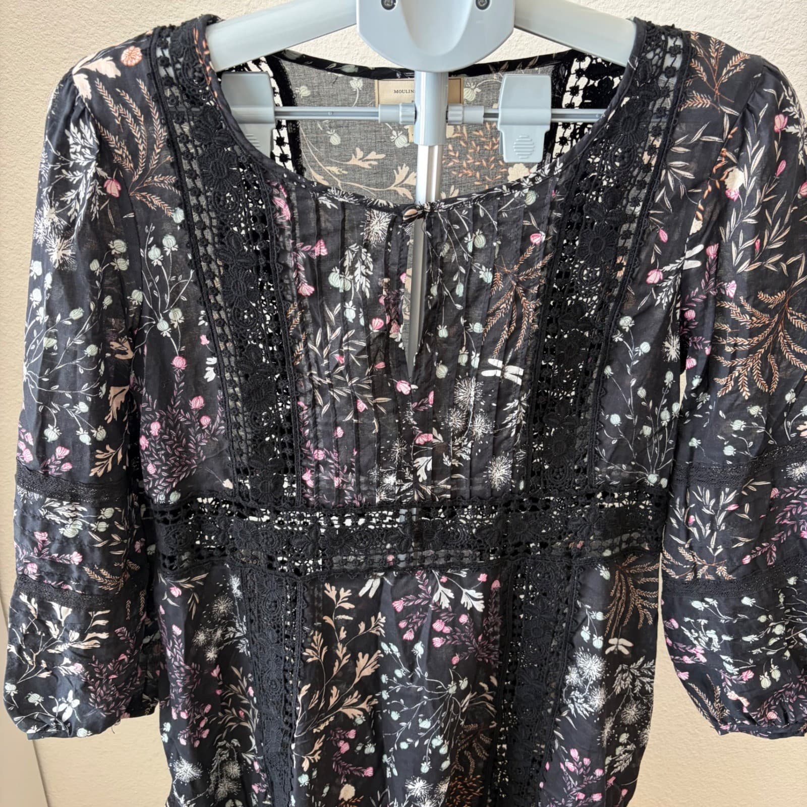 Moulinette Soeurs Dress Women 8 Black Floral Crochet Lace Boho Anthropologie - Thumbnail 2