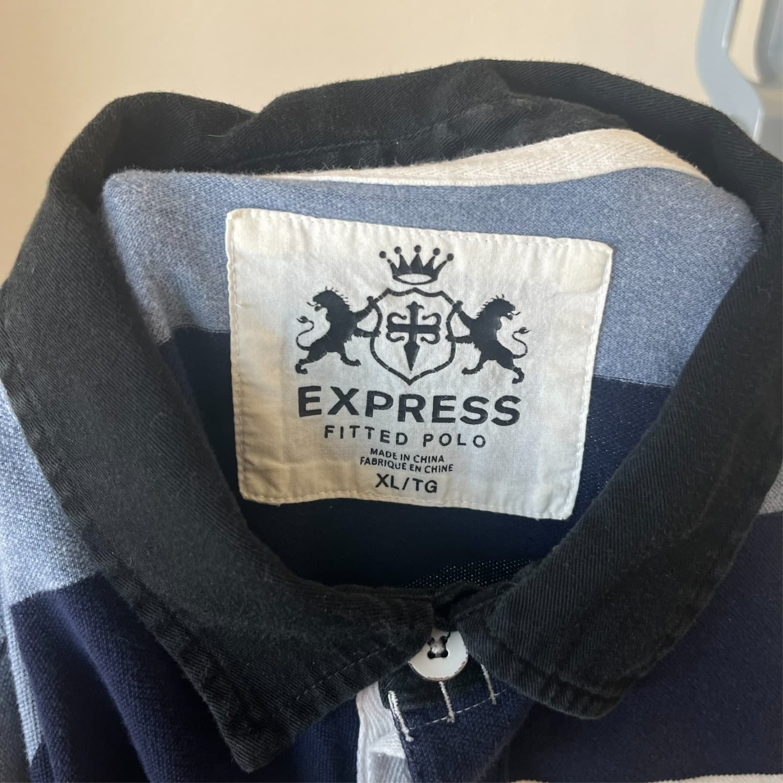 VTG Express Fitted Polo Blue Striped Shirt Big Logo Embroidered XL Rugby Bloke - Thumbnail 4