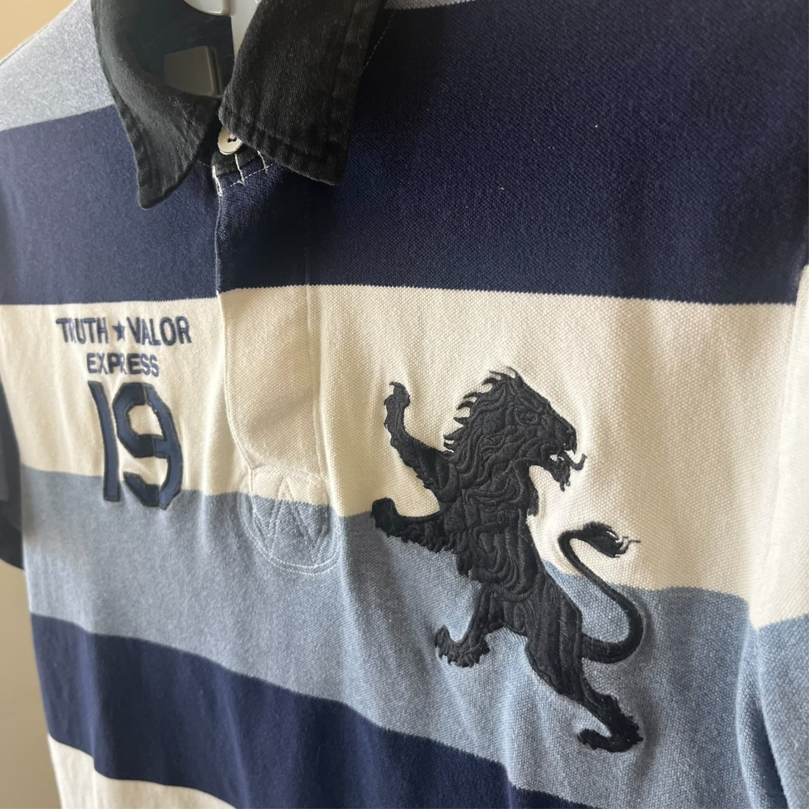 VTG Express Fitted Polo Blue Striped Shirt Big Logo Embroidered XL Rugby Bloke - Thumbnail 2