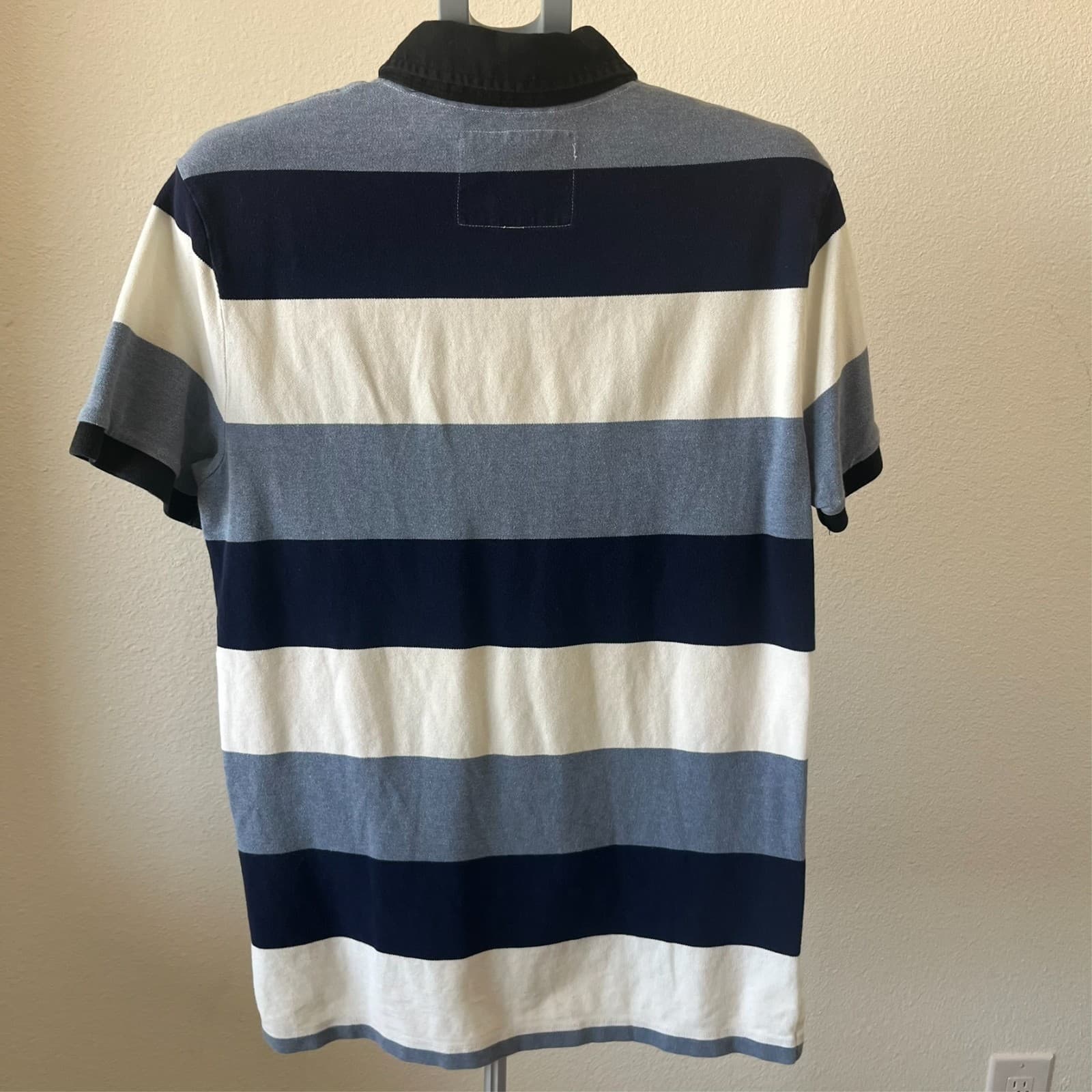 VTG Express Fitted Polo Blue Striped Shirt Big Logo Embroidered XL Rugby Bloke - Thumbnail 3