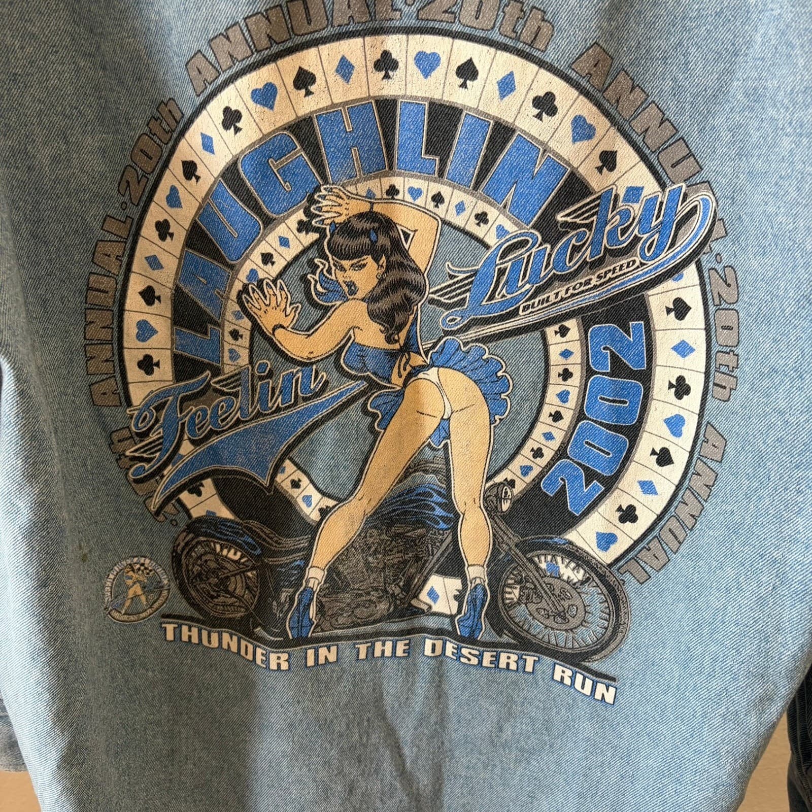 Vintage Denim Hoodie Jacket Men 2XL Blue Laughlin Motorcycle Rally Biker Graphic - Thumbnail 3