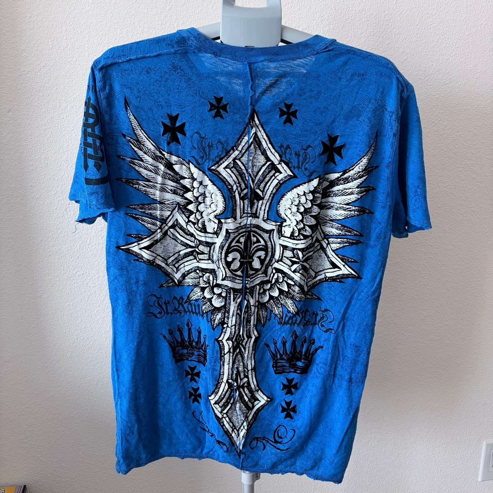 Raw State Redemption Mens LG Blue Graphic Shirt Cross Wings Skull Y2K Streetwear - Thumbnail 3