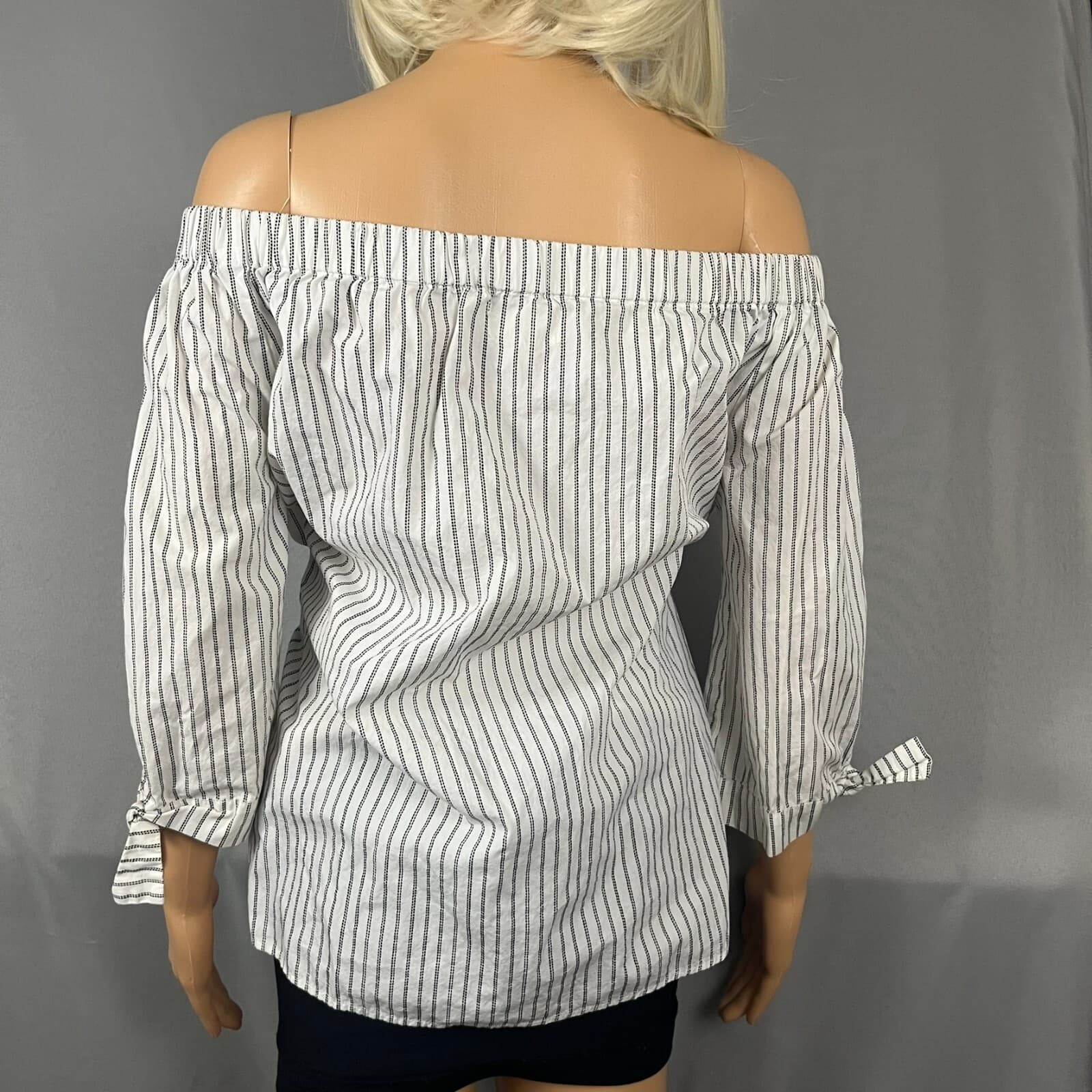 Per Se Womens Blouse Medium White Black Striped 3/4 Sleeve Off Shoulder Tunic - Thumbnail 3