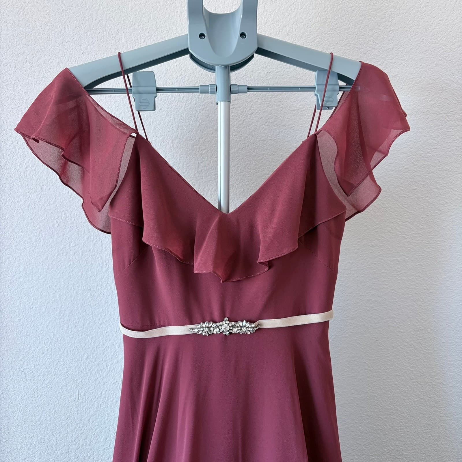 Jenny Yoo Collection Mauve Chiffon Ruffle Cold Shoulder Gown Mila Dress Size 0 - Thumbnail 4