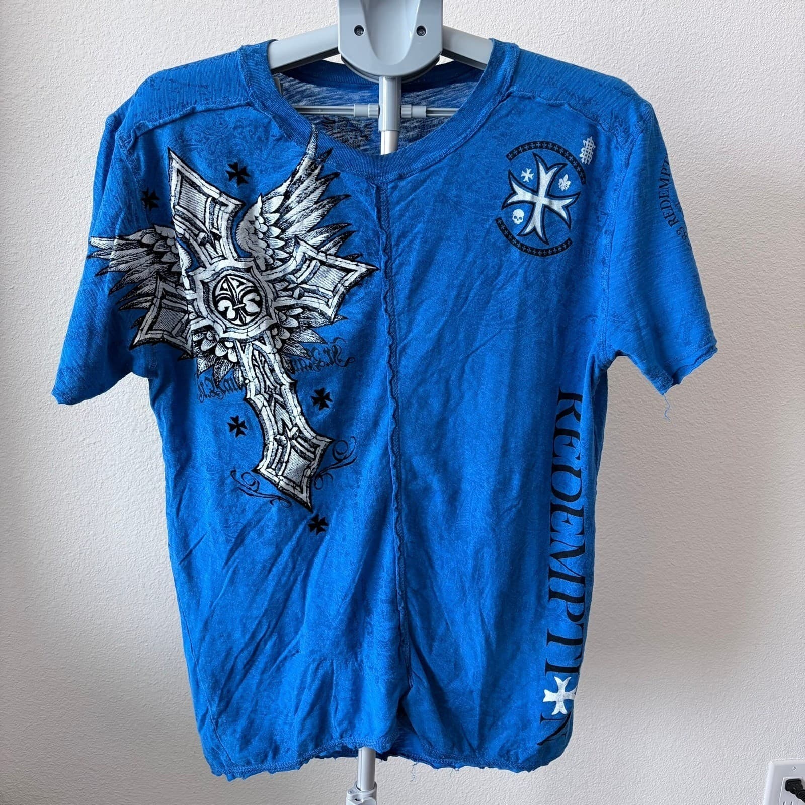 Raw State Redemption Mens LG Blue Graphic Shirt Cross Wings Skull Y2K Streetwear - Thumbnail 2