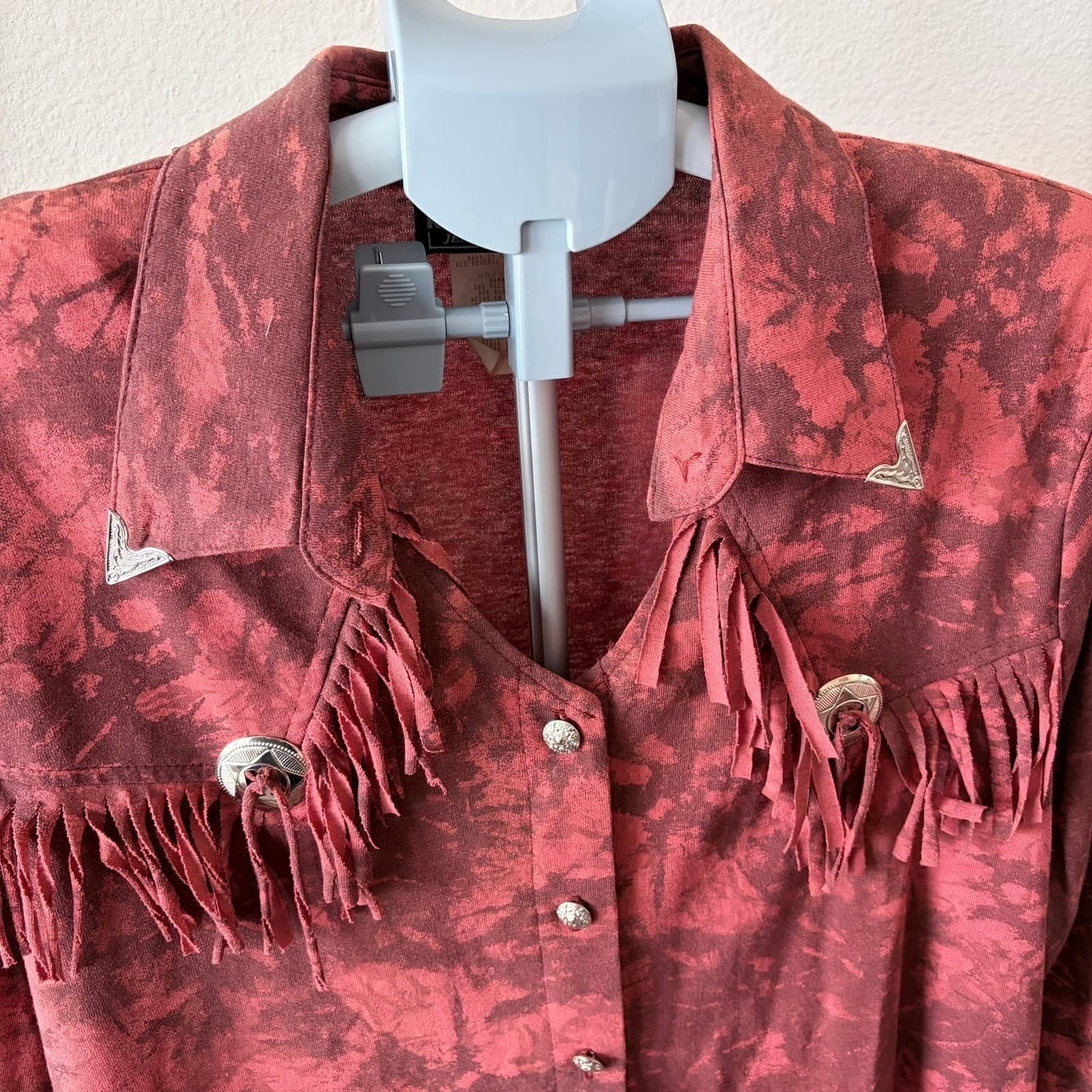 Vtg Ozark Mountain Jean Company Western Red Tie Dye Fringed Shirt Women's XL - Thumbnail 4