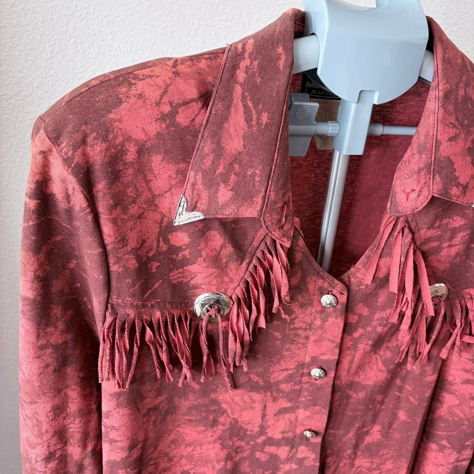 Vtg Ozark Mountain Jean Company Western Red Tie Dye Fringed Shirt Women's XL - Thumbnail 3