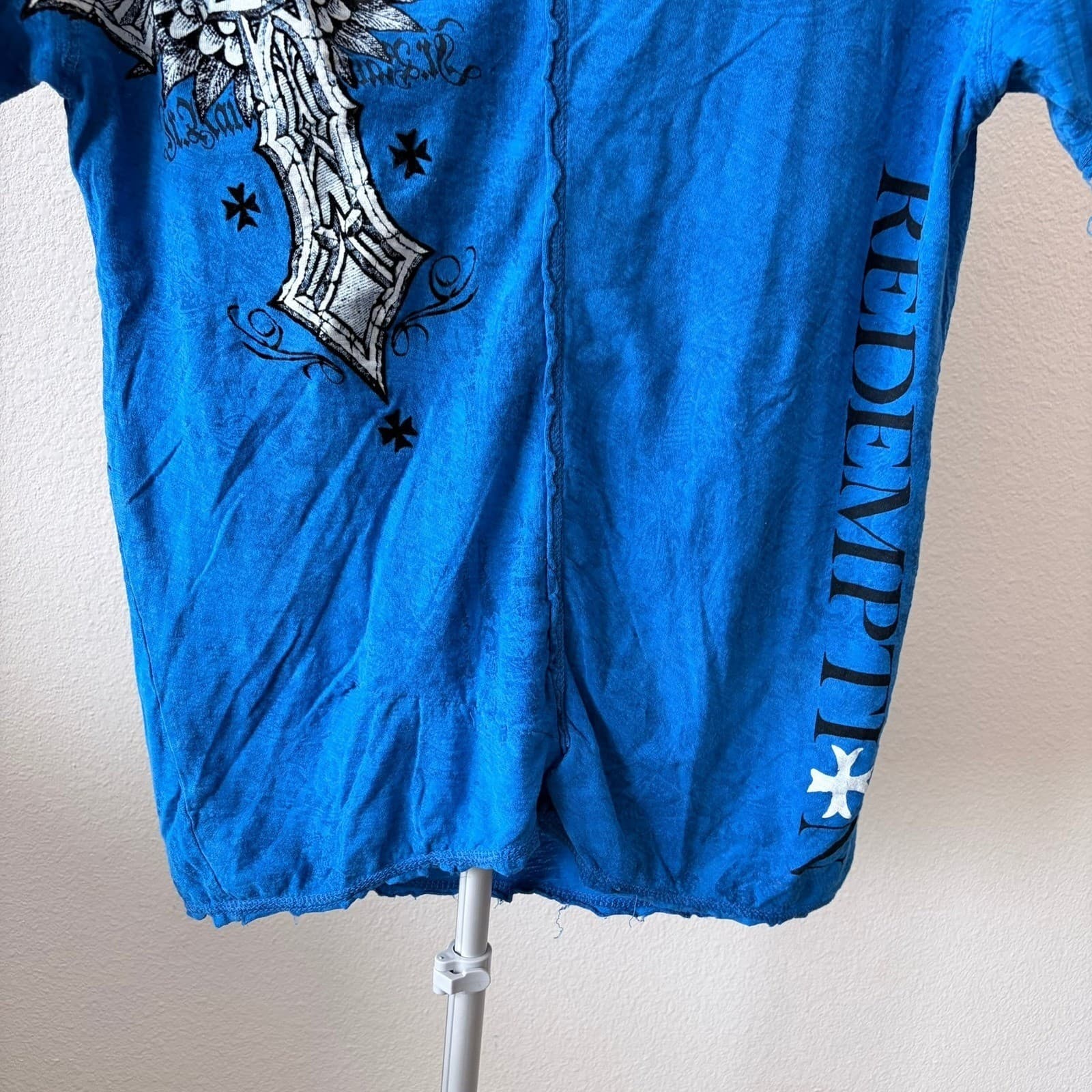 Raw State Redemption Mens LG Blue Graphic Shirt Cross Wings Skull Y2K Streetwear - Thumbnail 4