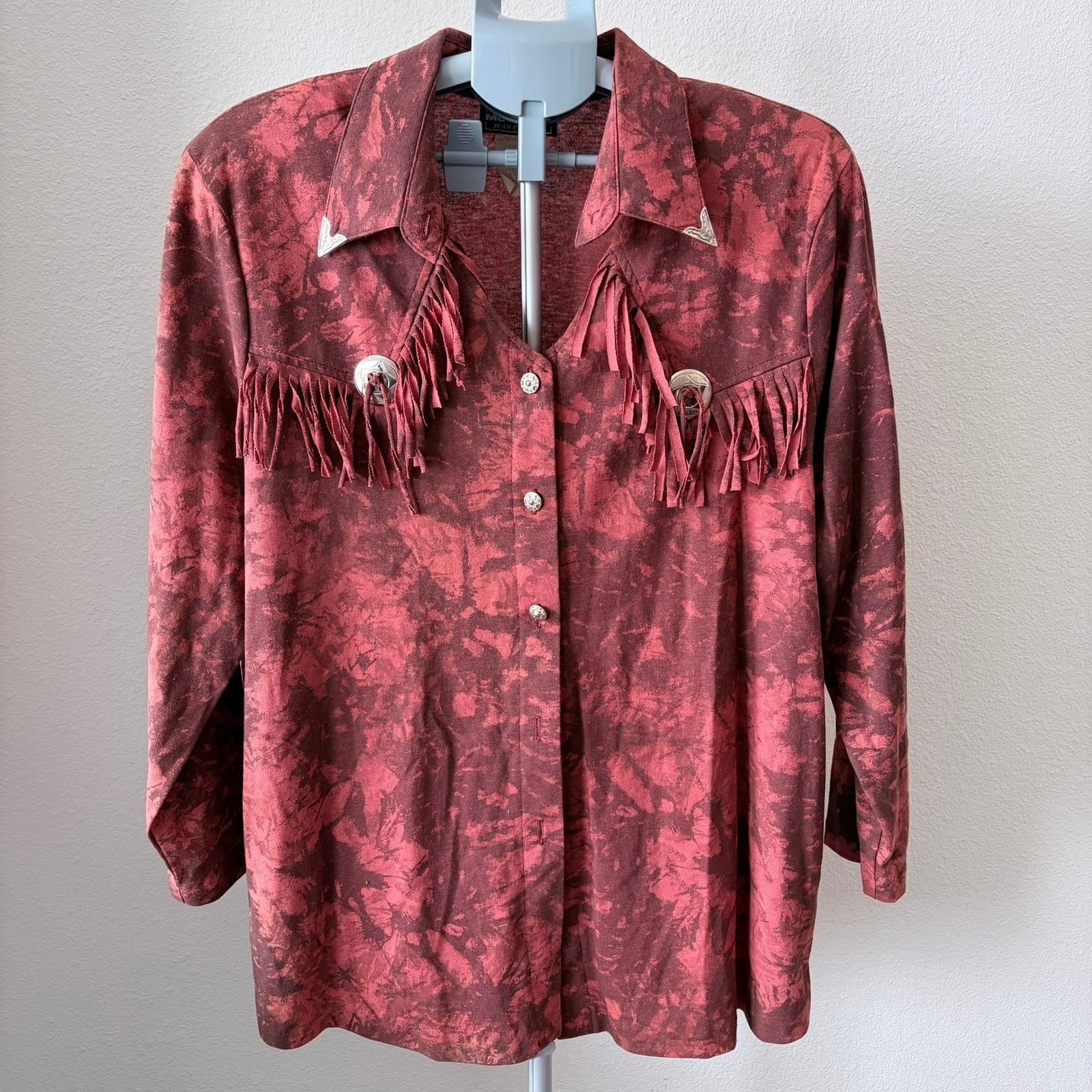 Vtg Ozark Mountain Jean Company Western Red Tie Dye Fringed Shirt Women's XL - Thumbnail 2