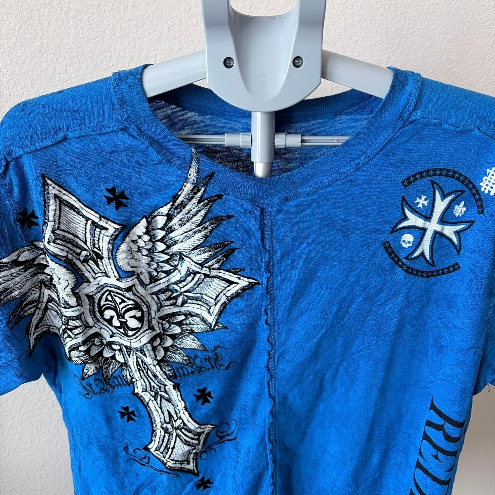 Raw State Redemption Mens LG Blue Graphic Shirt Cross Wings Skull Y2K Streetwear - Thumbnail 6