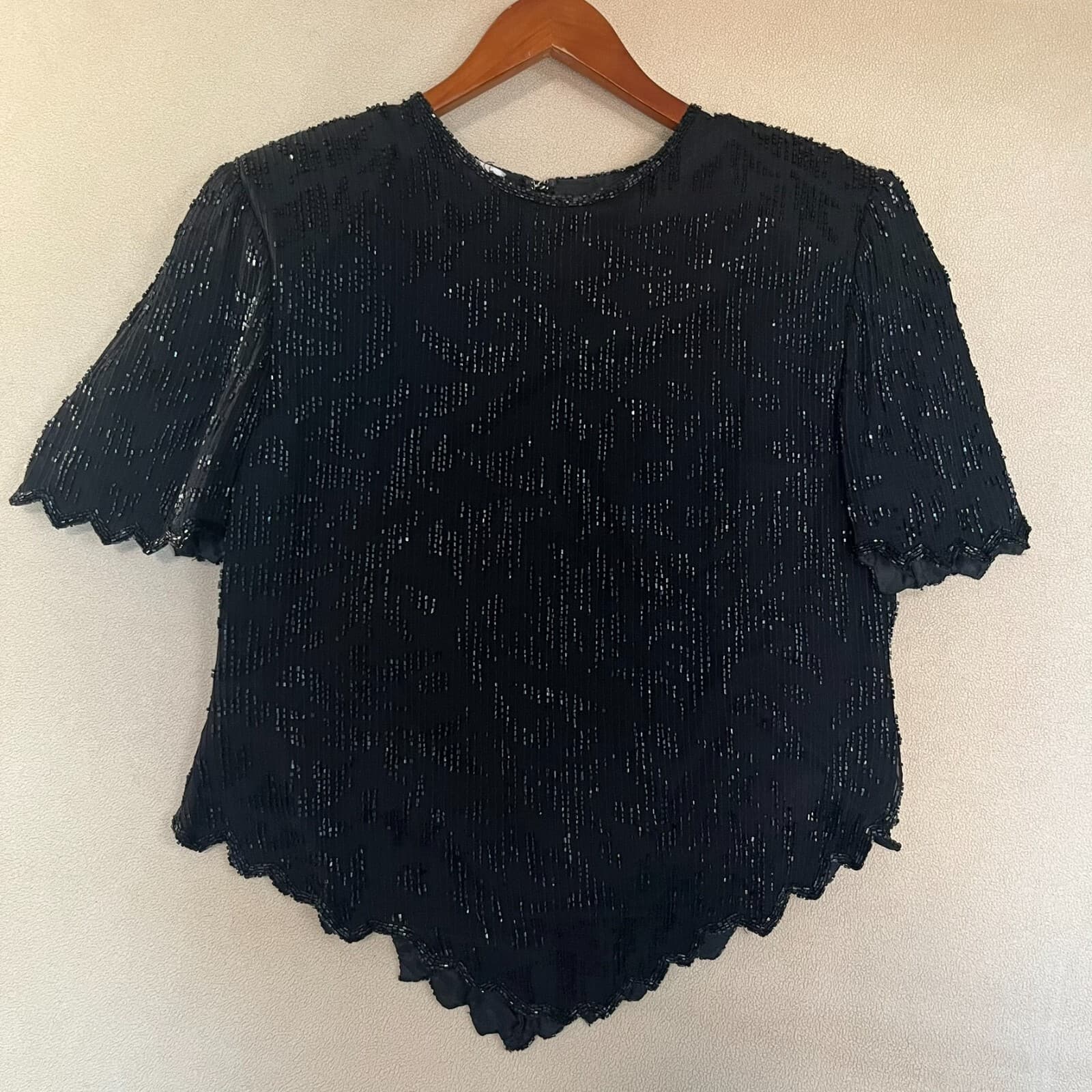 Laurence Kazar Vintage 80s 100% Silk Black Beaded Asymetrical Party Blouse NYE - Thumbnail 2