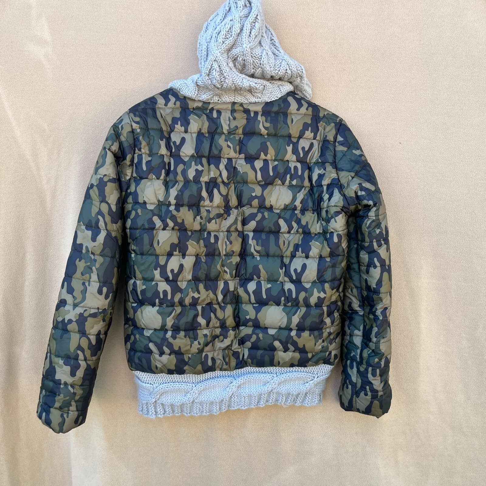 Camoflauge Military Hippie Women’s Camo Puffer Jacket Cable Knit Hooded Sz M/L - Thumbnail 5