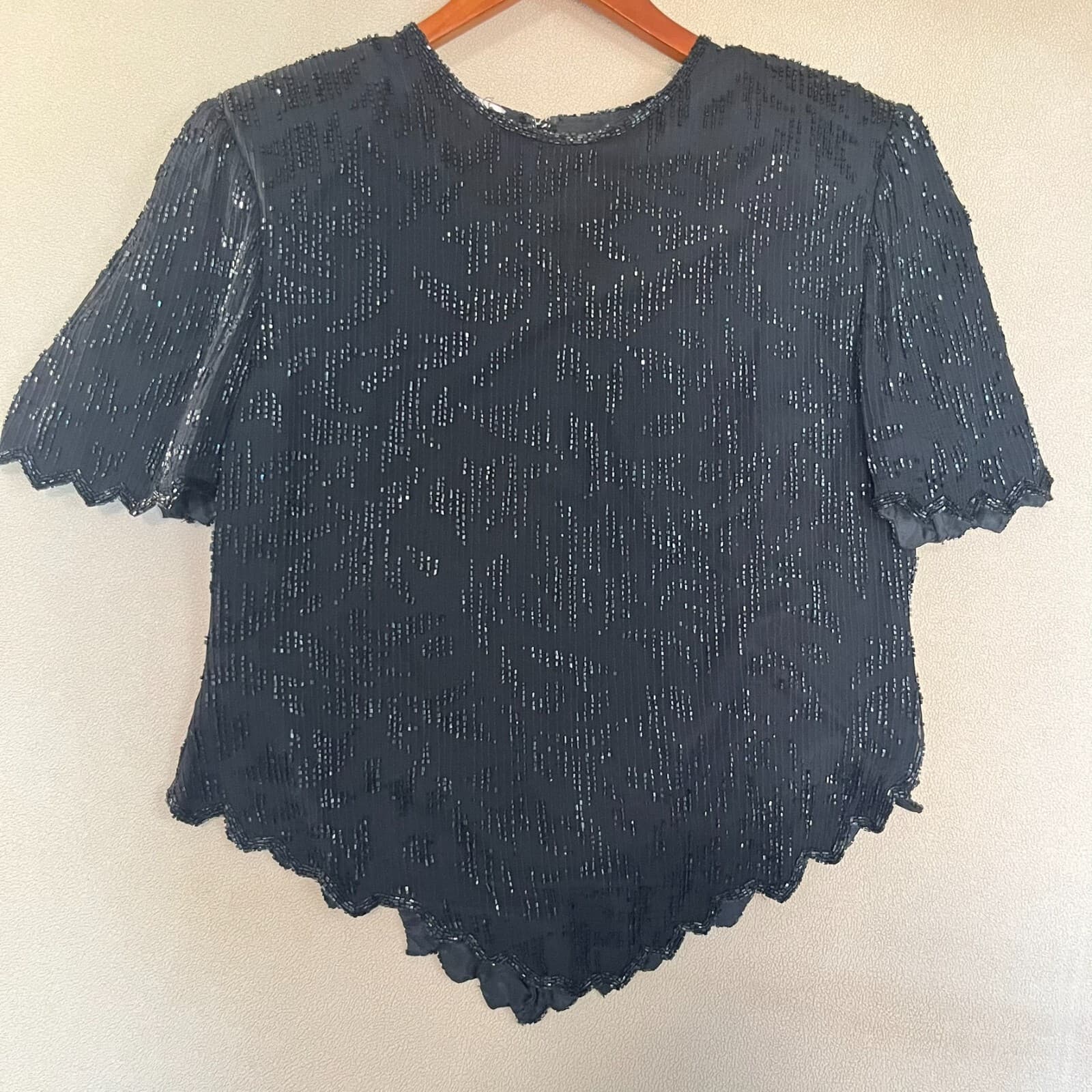 Laurence Kazar Vintage 80s 100% Silk Black Beaded Asymetrical Party Blouse NYE - Thumbnail 3
