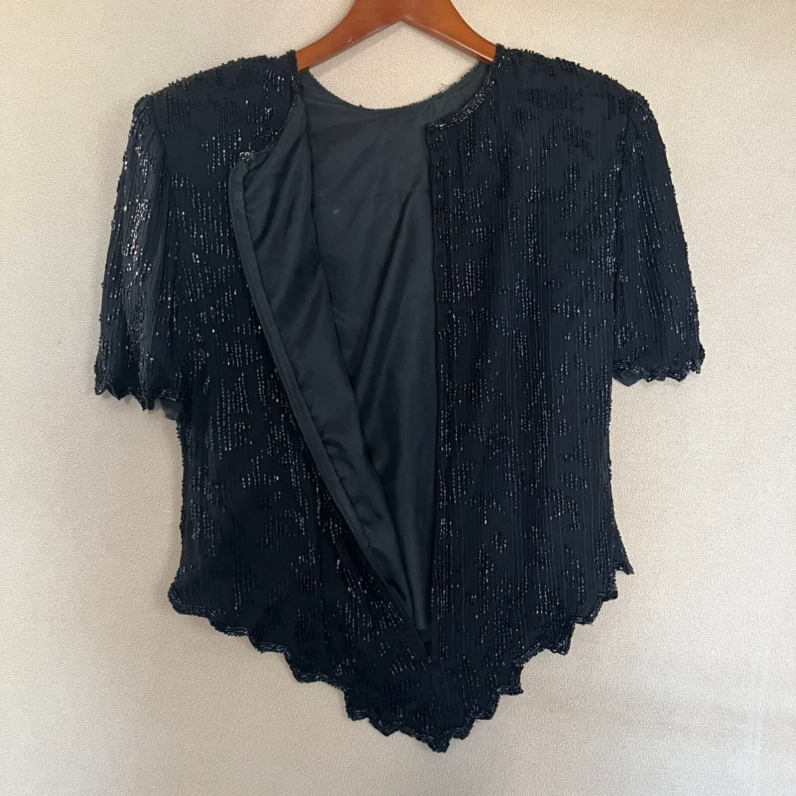 Laurence Kazar Vintage 80s 100% Silk Black Beaded Asymetrical Party Blouse NYE - Thumbnail 6