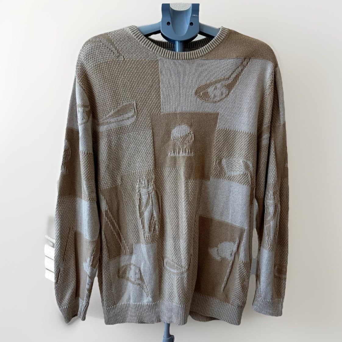 Cypress Links Sweater L Beige Cotton Knit Hong Kong Abstract Golf Patchwork Knit - Thumbnail 2