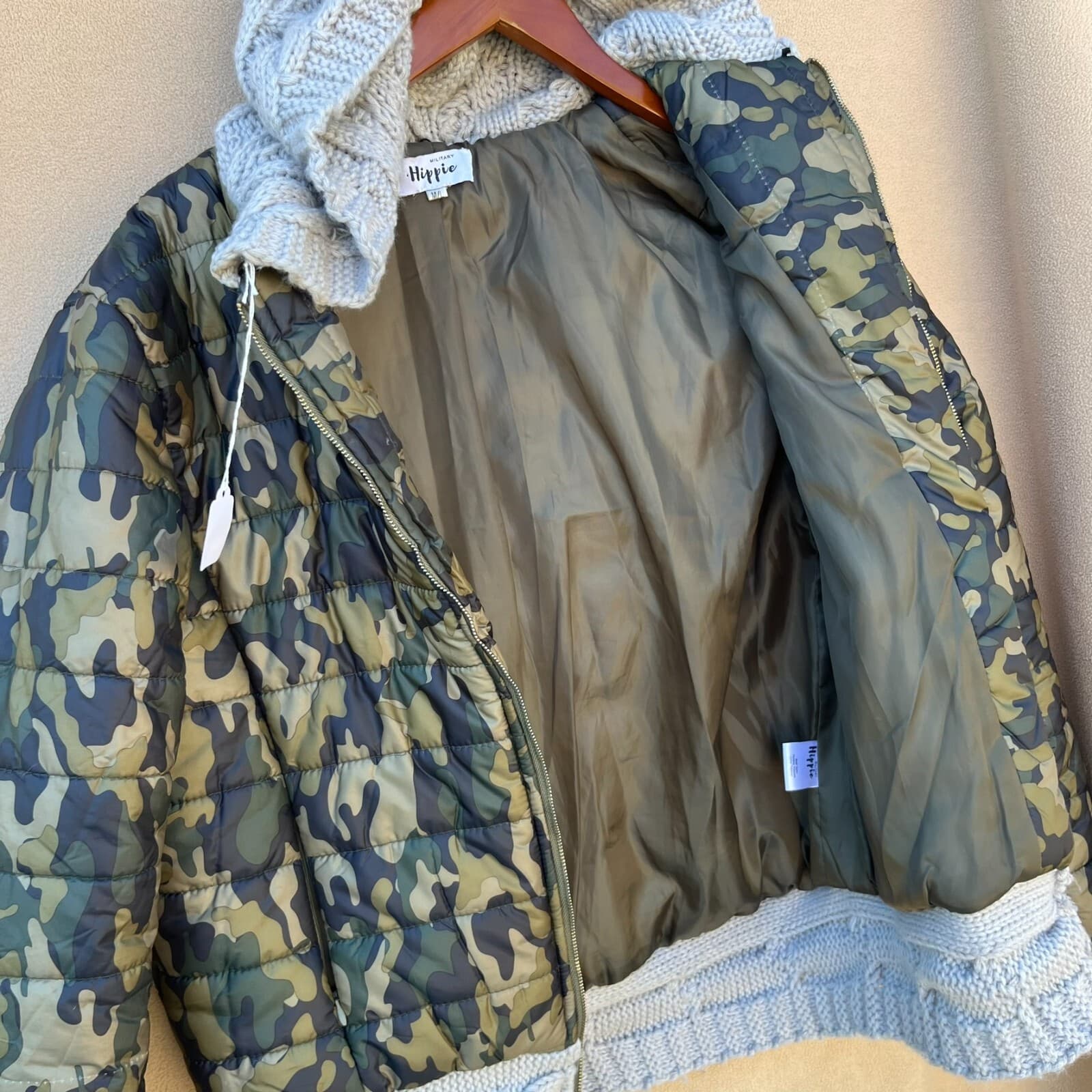 Camoflauge Military Hippie Women’s Camo Puffer Jacket Cable Knit Hooded Sz M/L - Thumbnail 7