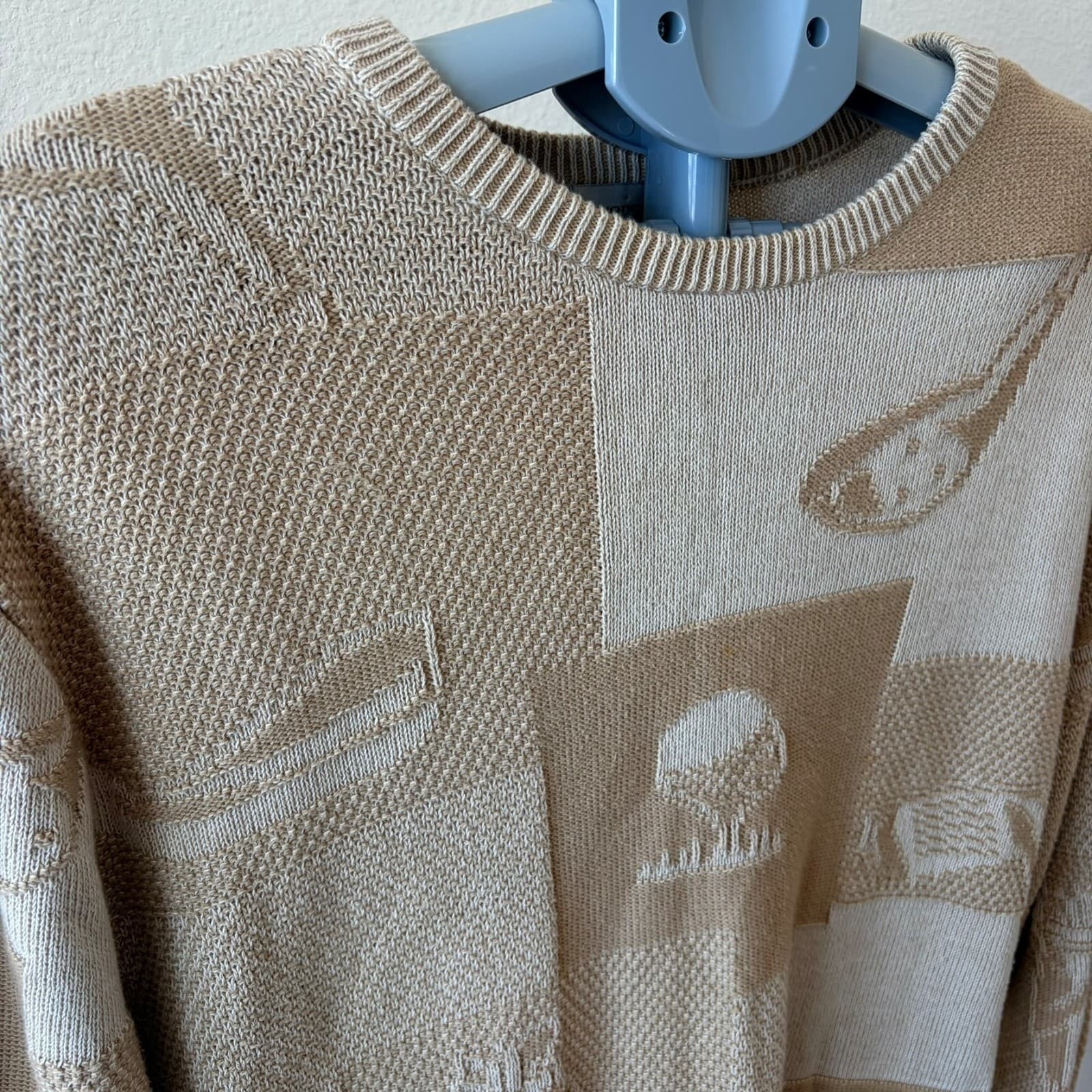 Cypress Links Sweater L Beige Cotton Knit Hong Kong Abstract Golf Patchwork Knit - Thumbnail 4