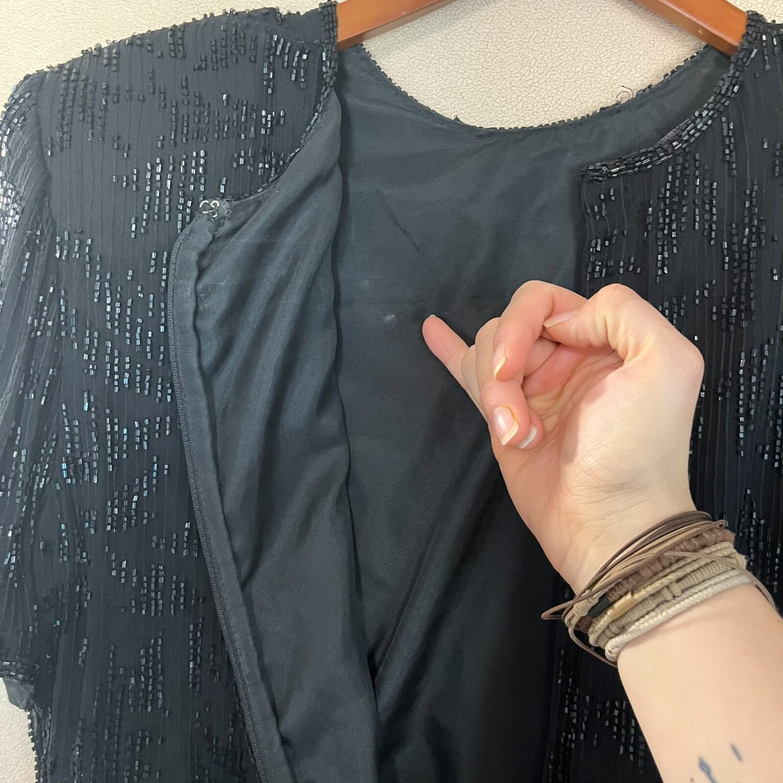 Laurence Kazar Vintage 80s 100% Silk Black Beaded Asymetrical Party Blouse NYE - Thumbnail 7