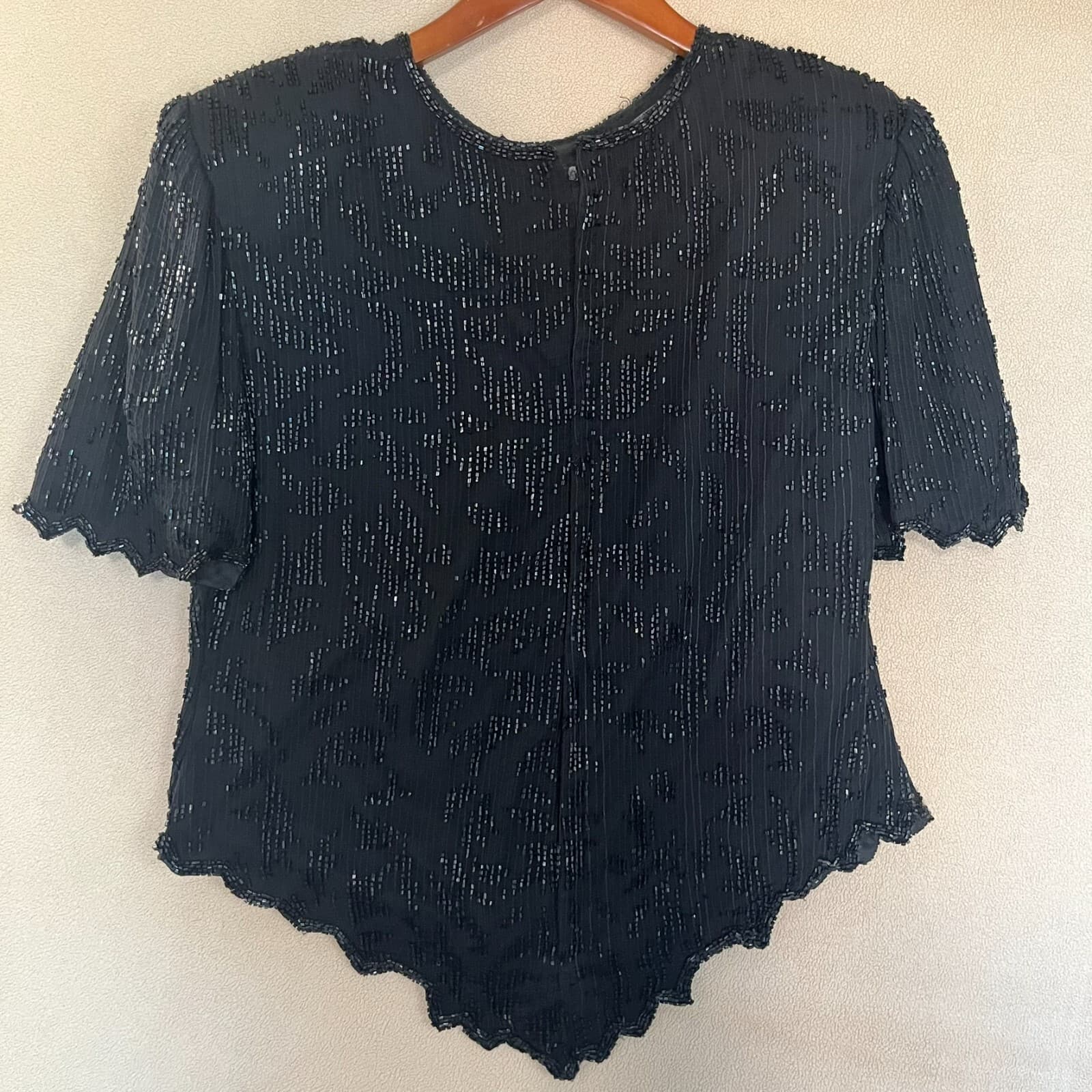 Laurence Kazar Vintage 80s 100% Silk Black Beaded Asymetrical Party Blouse NYE - Thumbnail 5