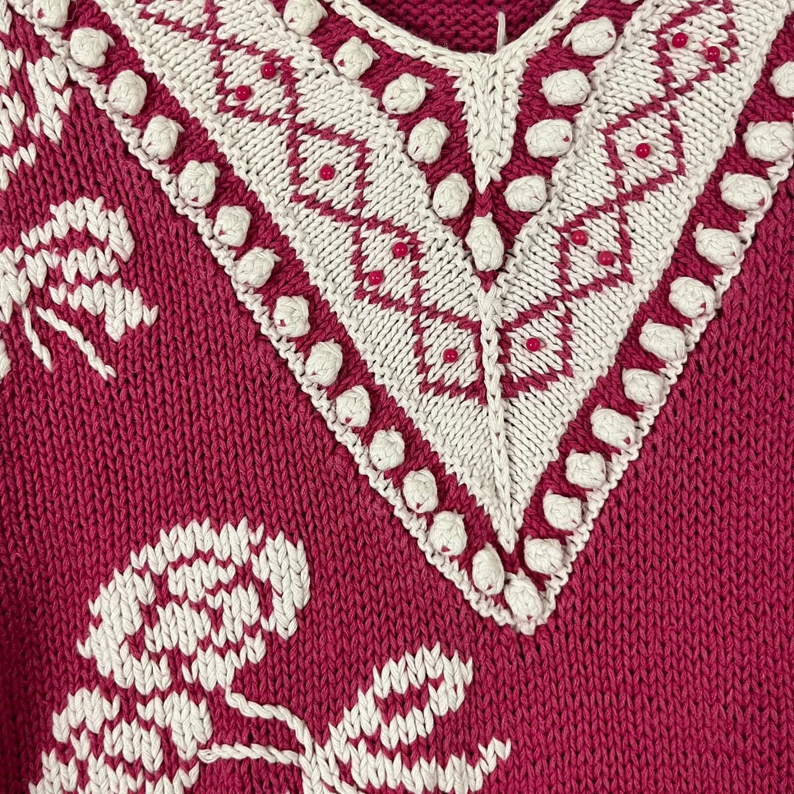 Vintage Express Women's Hand Knit Pink White Floral Bouquet Chunky Sweater MED/2 - Thumbnail 2