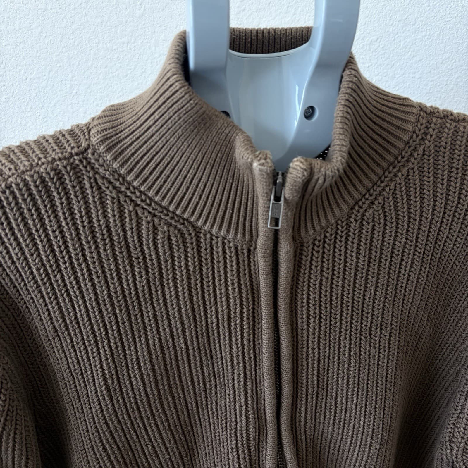 LL Bean Sweater Mens LG Brown Full Zip Cotton Mock Neck Preppy Minimalist Golf - Thumbnail 2