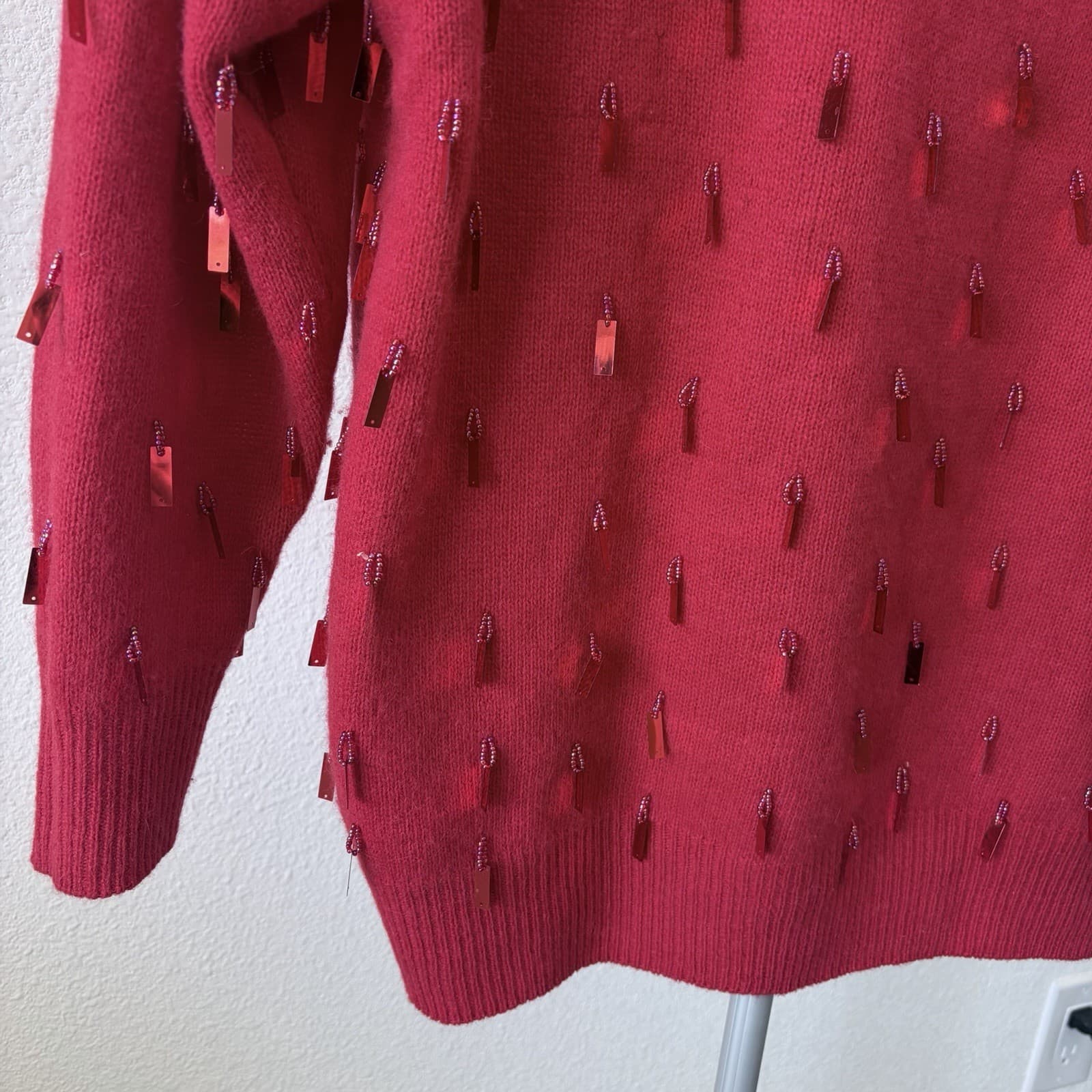Vtg 80s Red Lambswool Agnora Sequin Sweater LG Eddie Dassin Beaded Holiday Party - Thumbnail 3