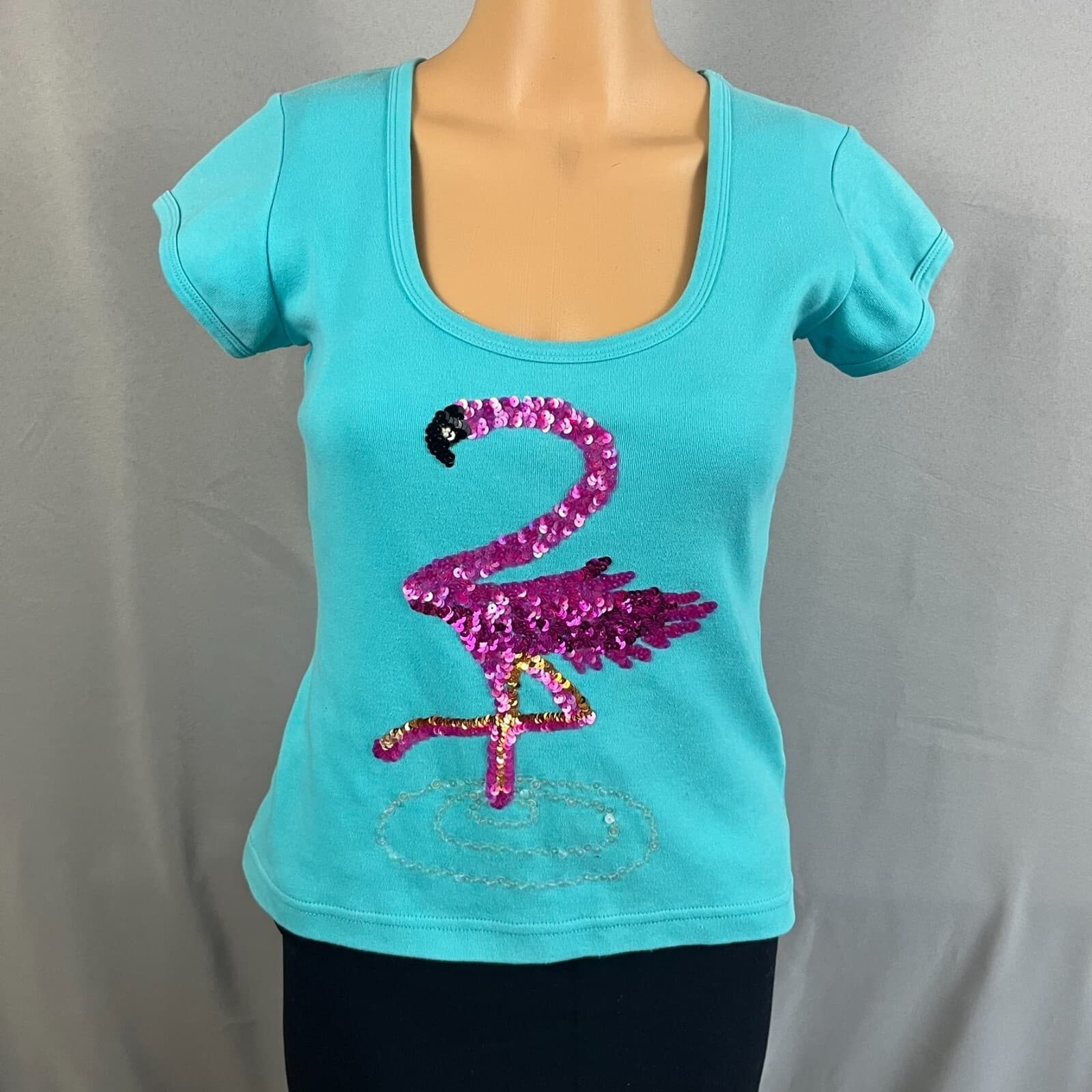 Vintage Charlotte Tarantola Baby Tee T-Shirt Women MED Blue Pink Sequin Flamingo - Thumbnail 6