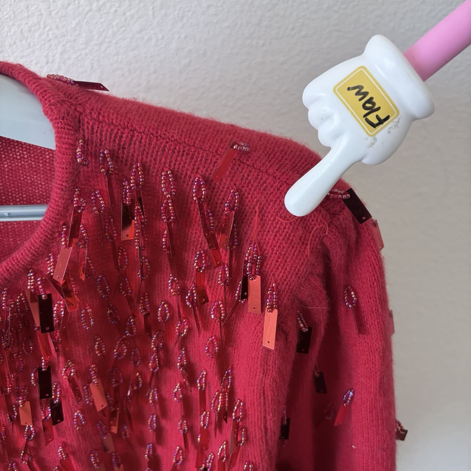 Vtg 80s Red Lambswool Agnora Sequin Sweater LG Eddie Dassin Beaded Holiday Party - Thumbnail 6