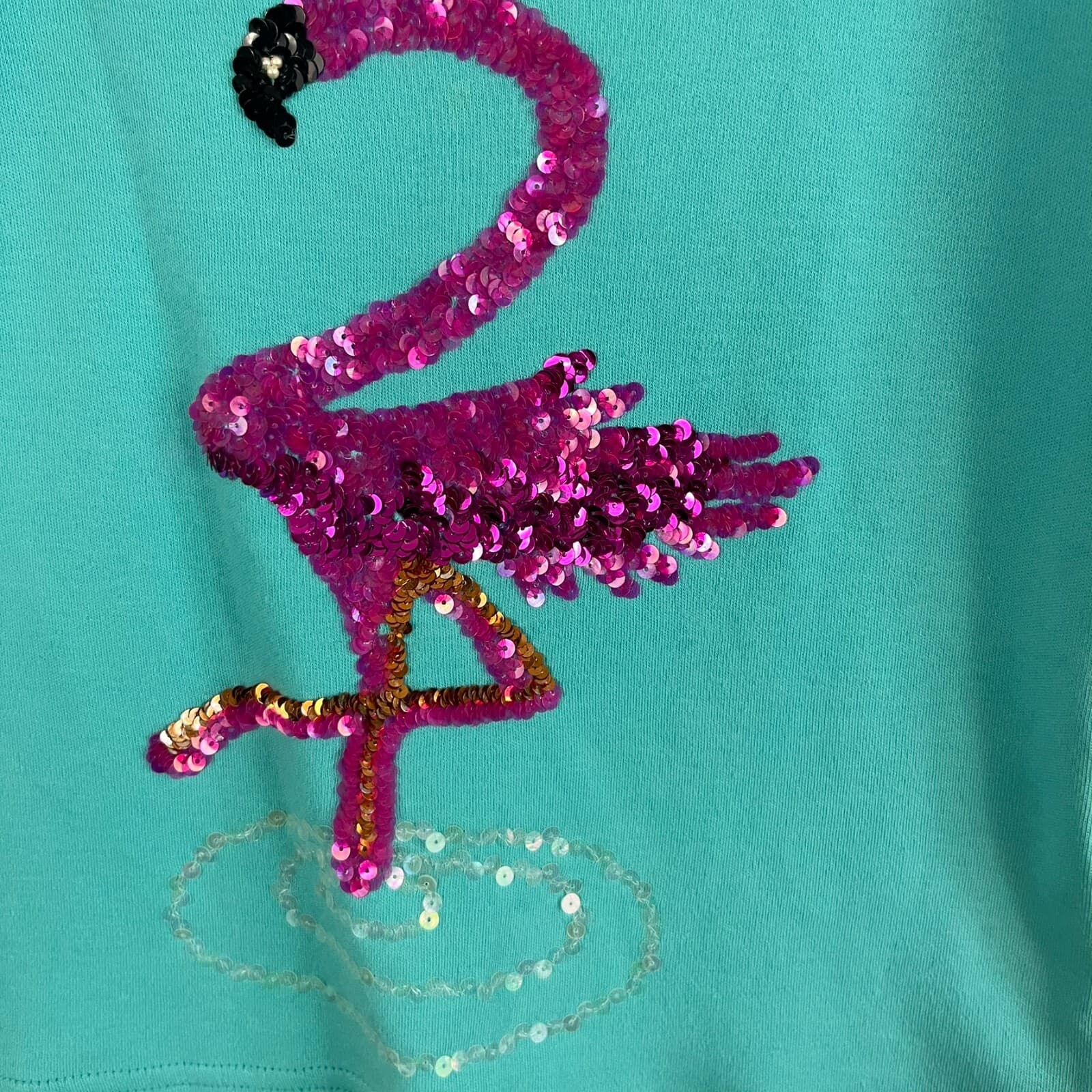 Vintage Charlotte Tarantola Baby Tee T-Shirt Women MED Blue Pink Sequin Flamingo - Thumbnail 3