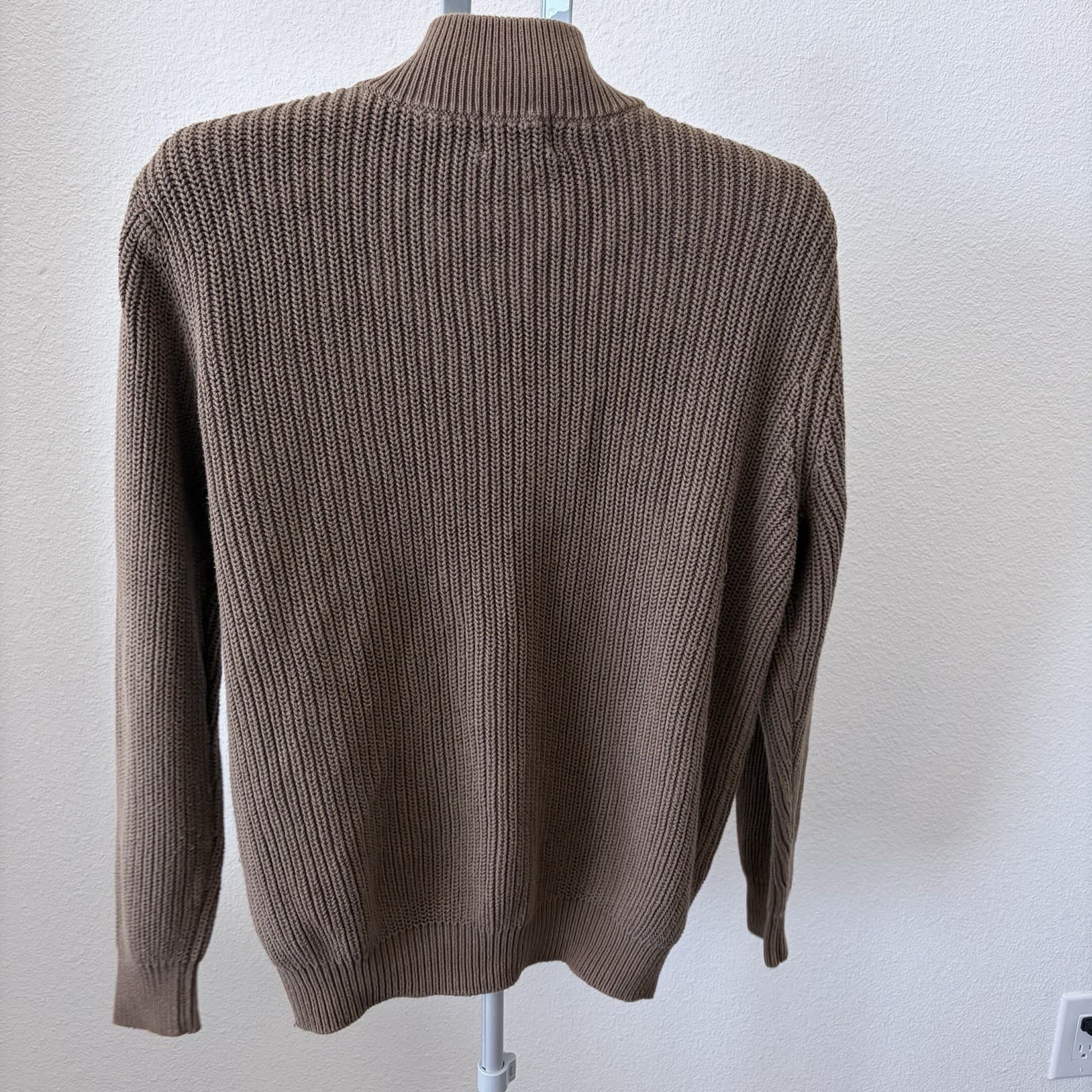 LL Bean Sweater Mens LG Brown Full Zip Cotton Mock Neck Preppy Minimalist Golf - Thumbnail 3