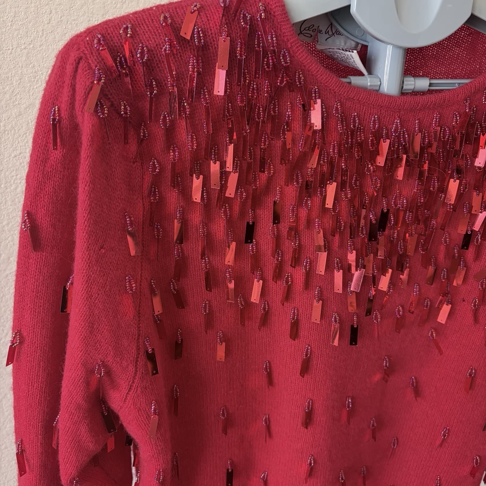 Vtg 80s Red Lambswool Agnora Sequin Sweater LG Eddie Dassin Beaded Holiday Party - Thumbnail 2