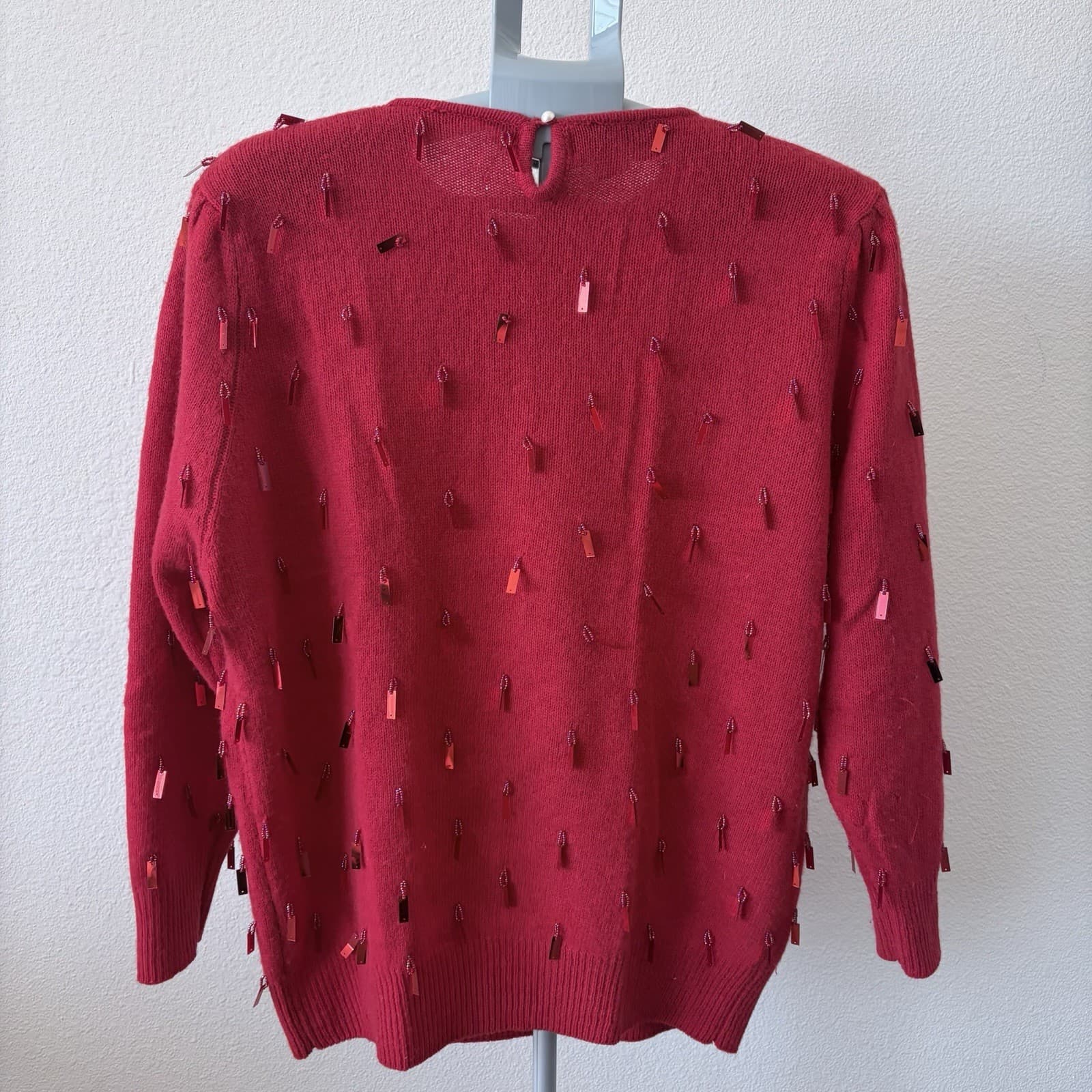 Vtg 80s Red Lambswool Agnora Sequin Sweater LG Eddie Dassin Beaded Holiday Party - Thumbnail 4