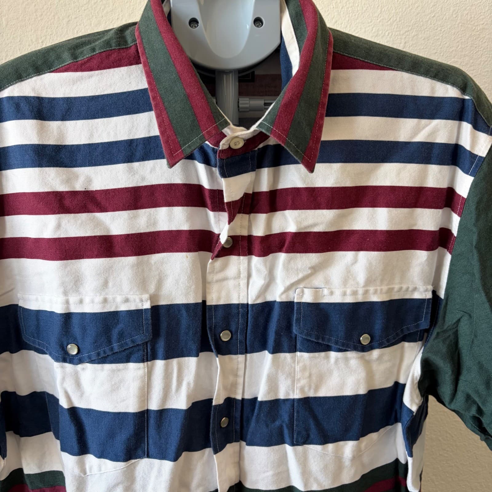 90s Vtg Roper Mens Western Pearl Snap Striped Short Sleeve Shirt XL Green Multi - Thumbnail 2