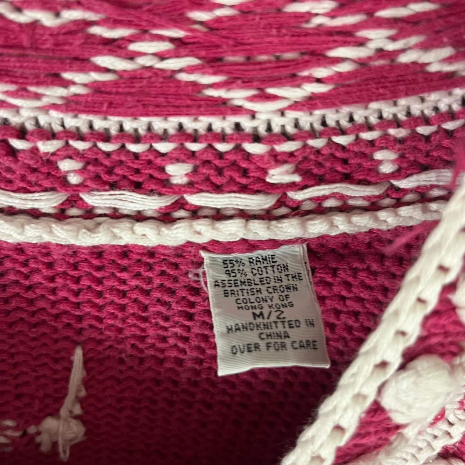 Vintage Express Women's Hand Knit Pink White Floral Bouquet Chunky Sweater MED/2 - Thumbnail 3