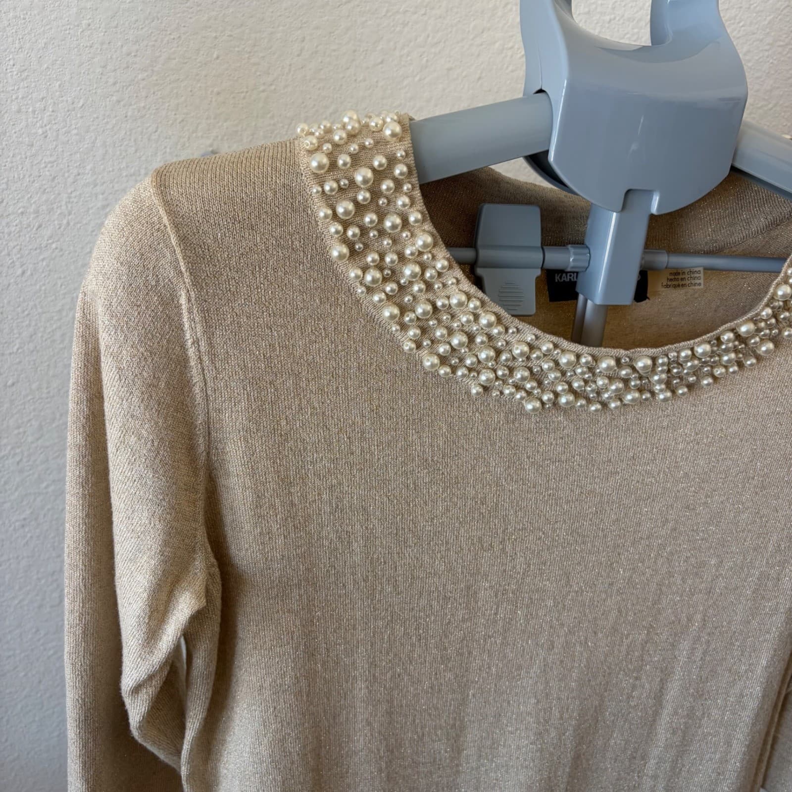 Karl Lagerfeld Paris Sweater Women S Gold Pearl Embellished Metallic Knit - Thumbnail 2