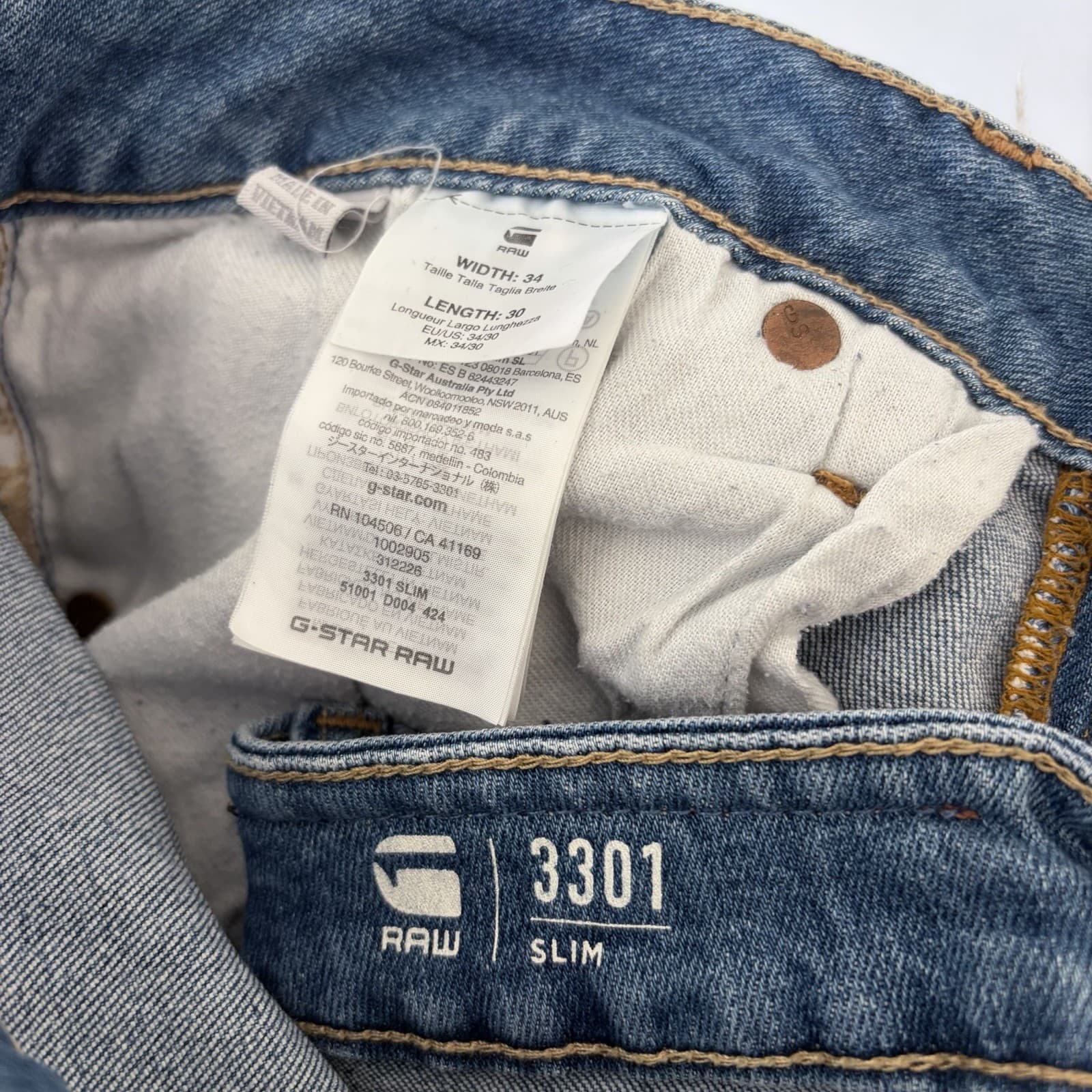 G-Star RAW 3301 Slim Jeans Men’s Blue Denim Button Fly 34x20 Skater Casual - Thumbnail 5