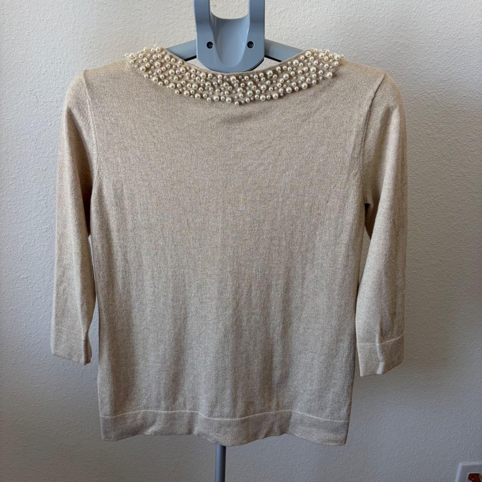 Karl Lagerfeld Paris Sweater Women S Gold Pearl Embellished Metallic Knit - Thumbnail 3