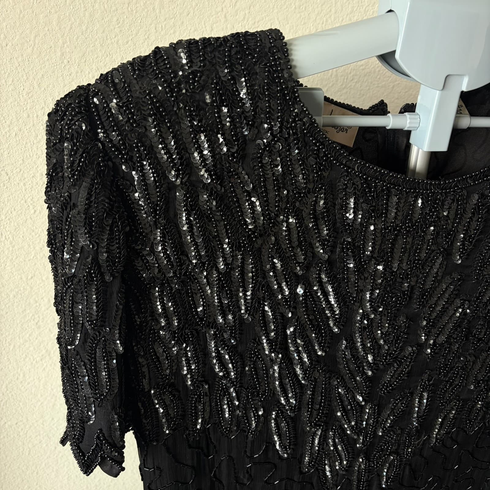 VTG Laurence Kazar Dress 1X Black Silk Beaded Sequin Short Sleeve Scallop Hem - Thumbnail 2
