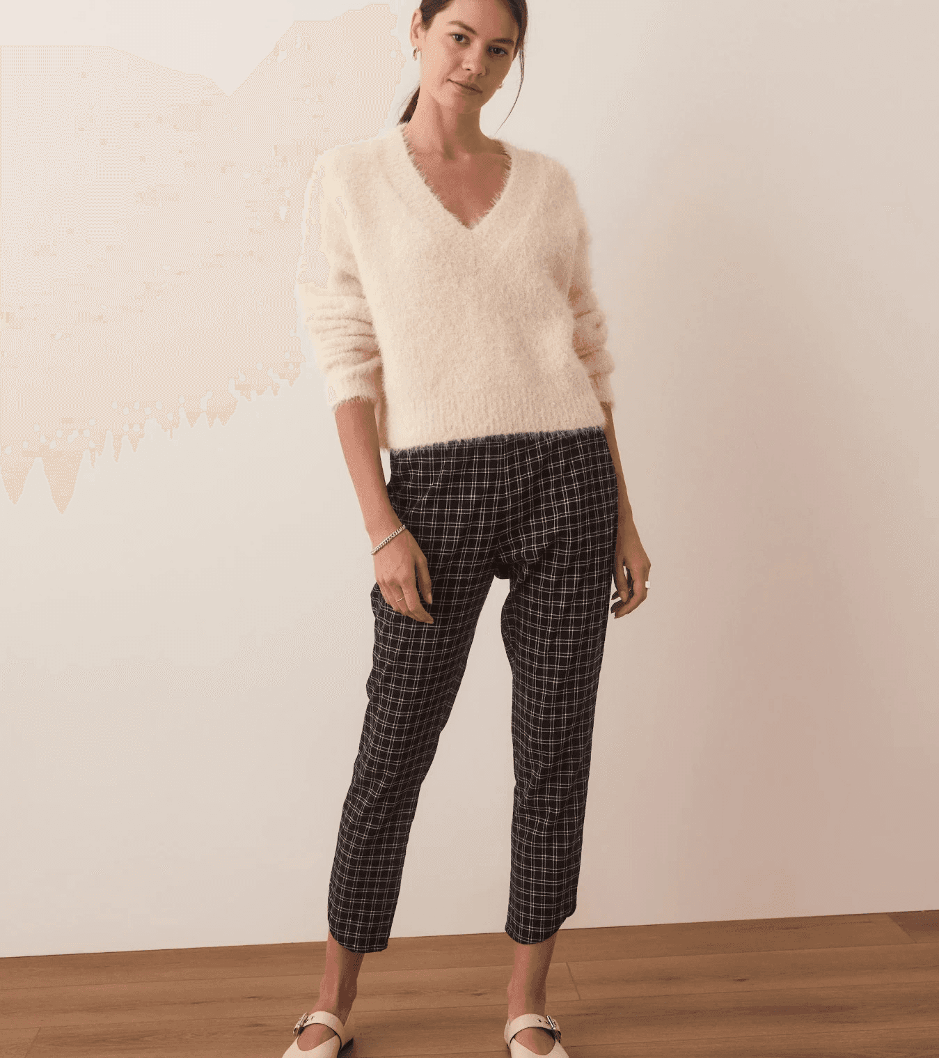 Marine Layer Allison Pant S Black Windowpane Plaid Wide Leg Elastic Waist Tencel - Thumbnail 2