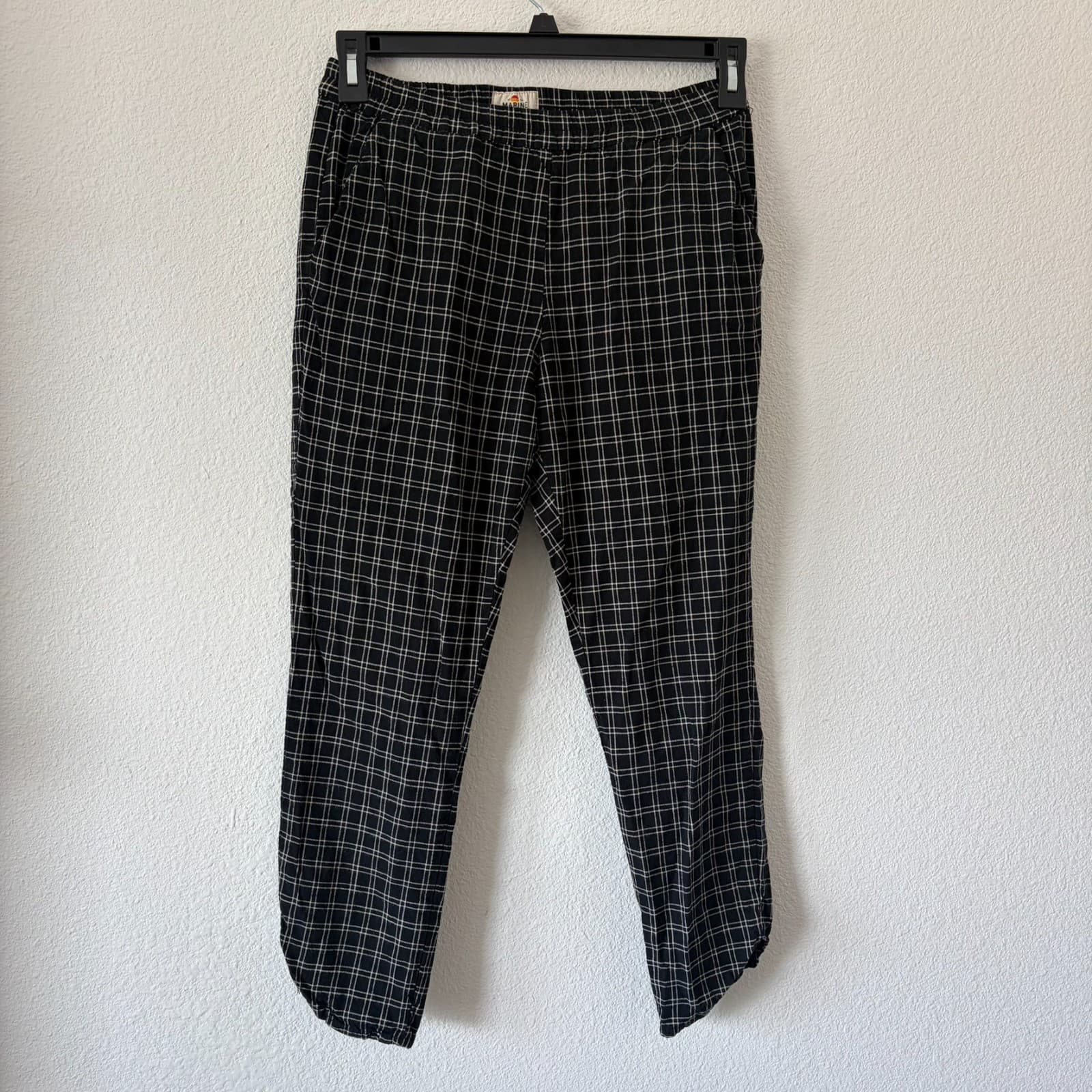 Marine Layer Allison Pant S Black Windowpane Plaid Wide Leg Elastic Waist Tencel - Thumbnail 3