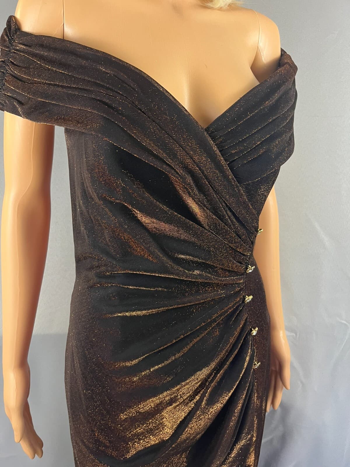 Alex Evenings Dress Women Sz 6 Metallic Brown Glitter Off-The-Shoulder Prom Gown - Thumbnail 3