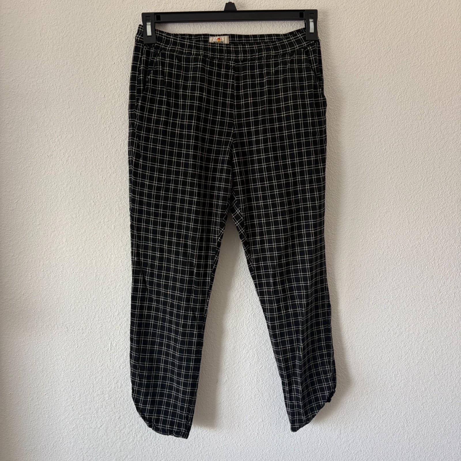 Marine Layer Allison Pant S Black Windowpane Plaid Wide Leg Elastic Waist Tencel - Thumbnail 4