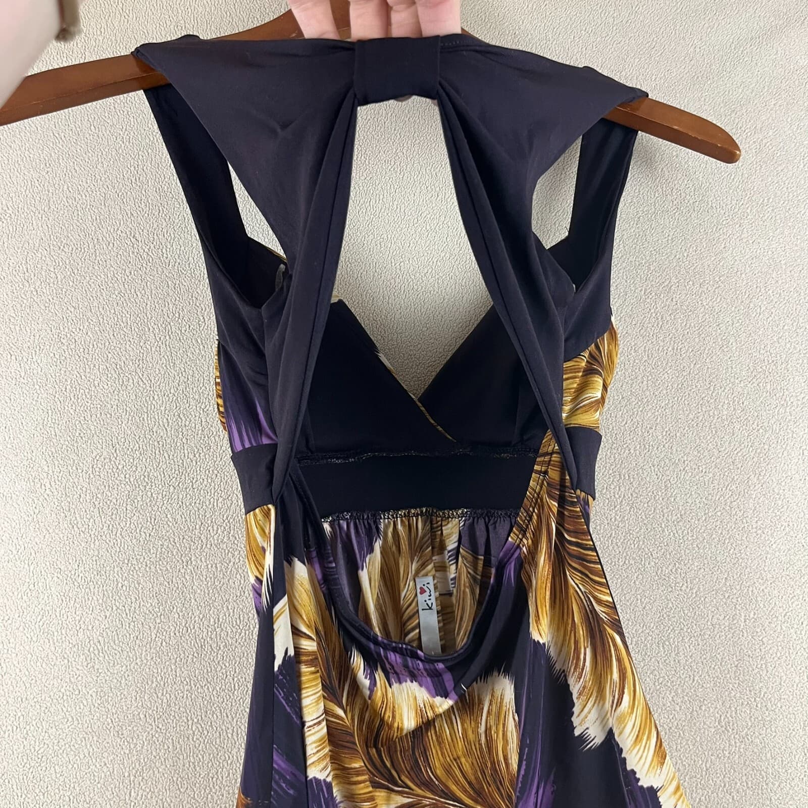 Purple & Gold Feathers Sz Small Tank Top Empire Waist Keyhole Back Y2K Babydoll - Thumbnail 3
