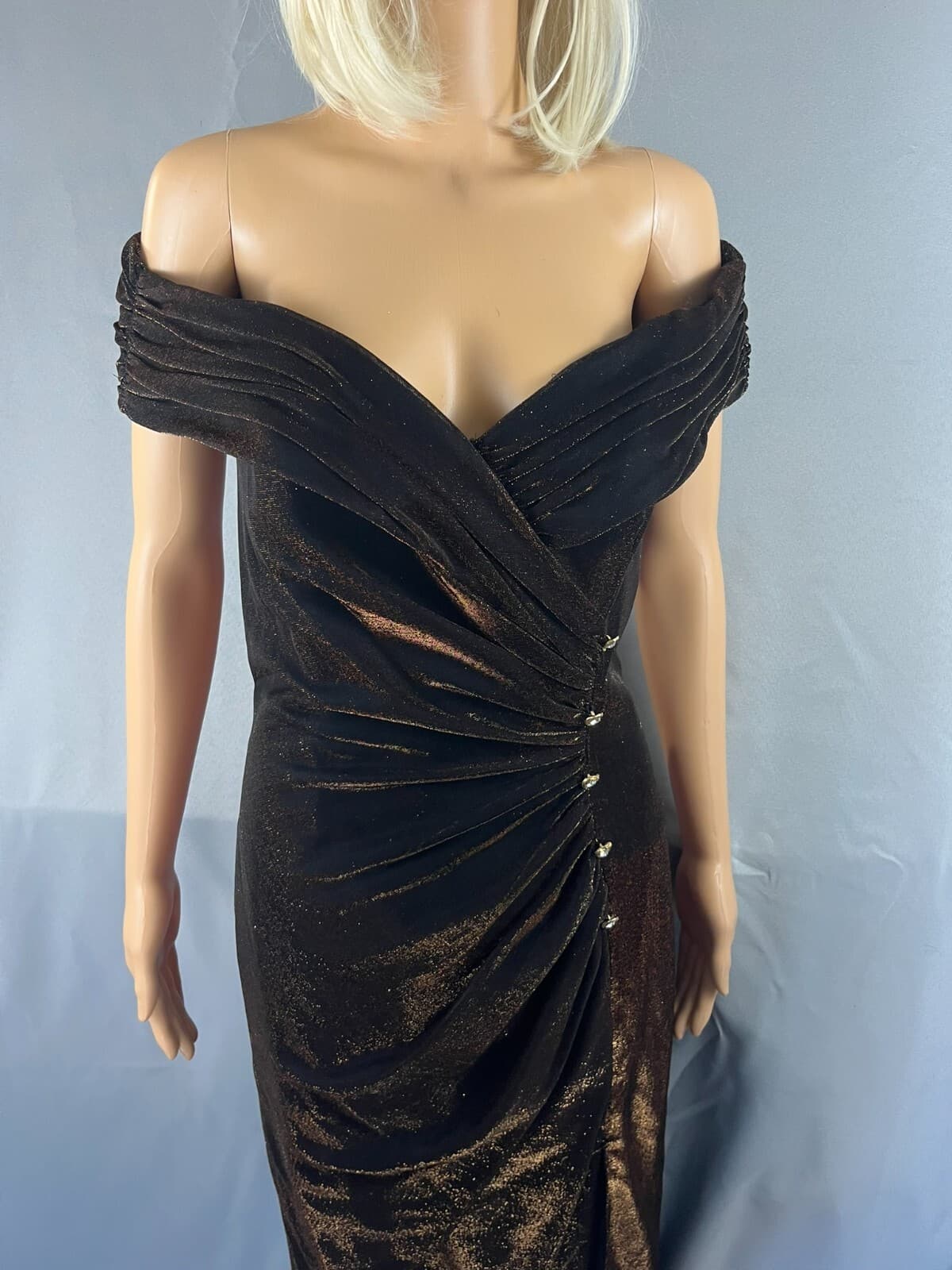 Alex Evenings Dress Women Sz 6 Metallic Brown Glitter Off-The-Shoulder Prom Gown - Thumbnail 6