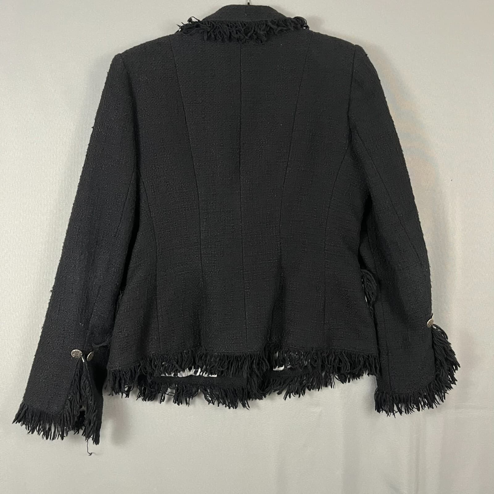 Serena Kay Blazer Jacket Women's 42 Black Cotton Fringe Trim Notch Lapel Career - Thumbnail 5