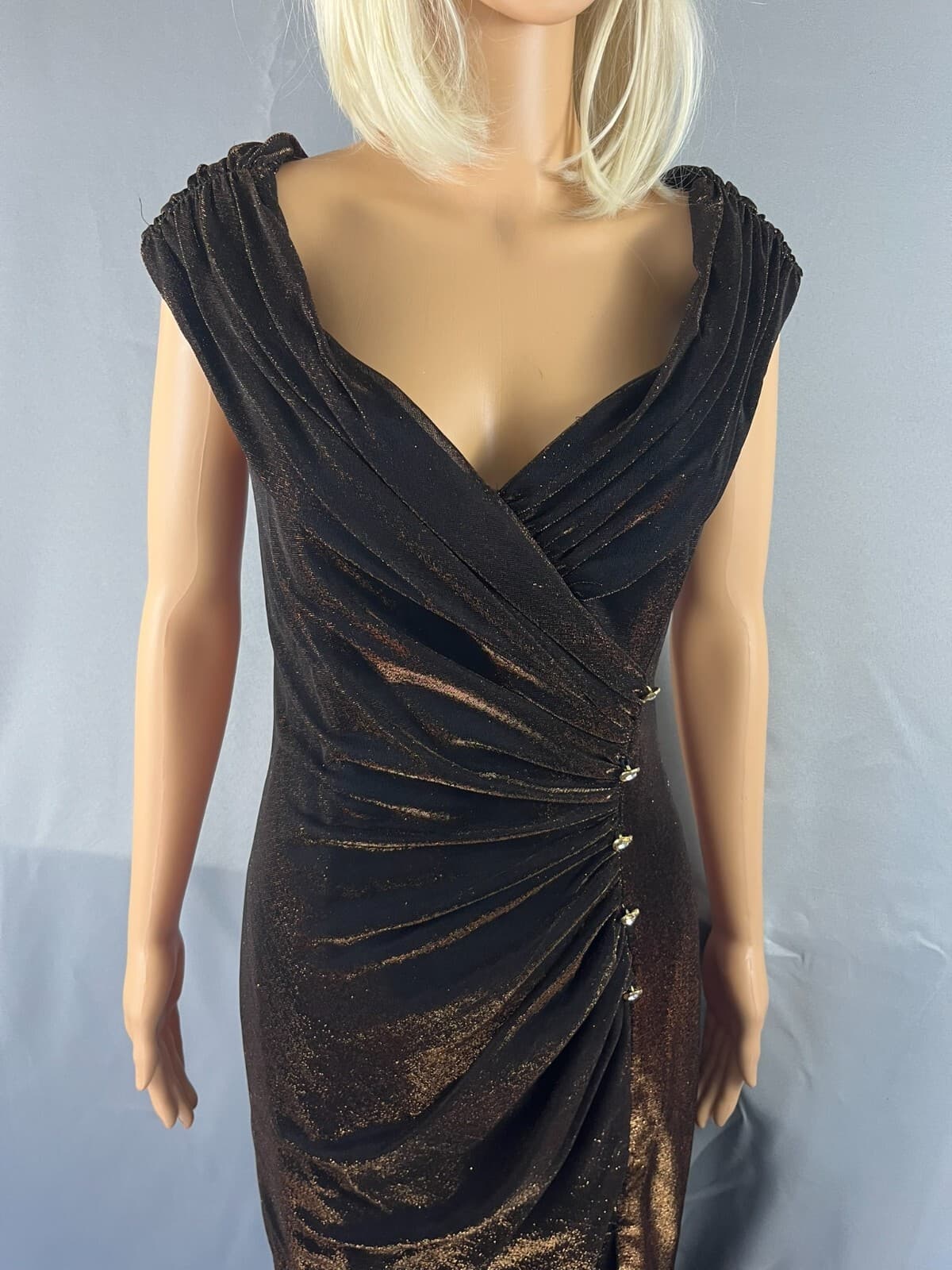 Alex Evenings Dress Women Sz 6 Metallic Brown Glitter Off-The-Shoulder Prom Gown - Thumbnail 5