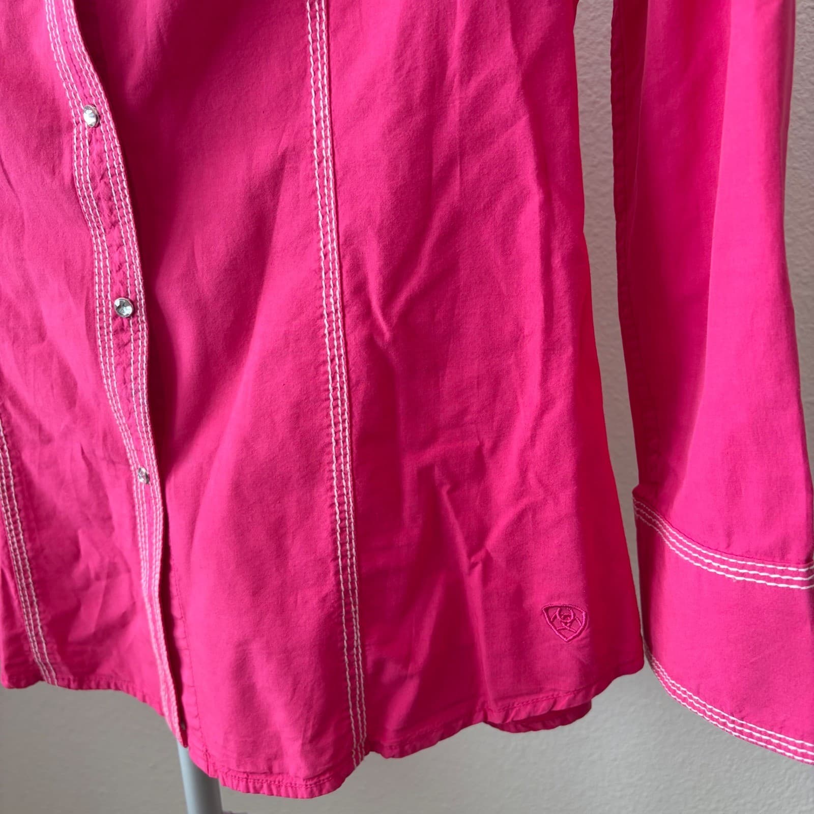 Ariat Western Snap Shirt Women Medium Hot Pink Rhinestone Bling Contrast Stitch - Thumbnail 3