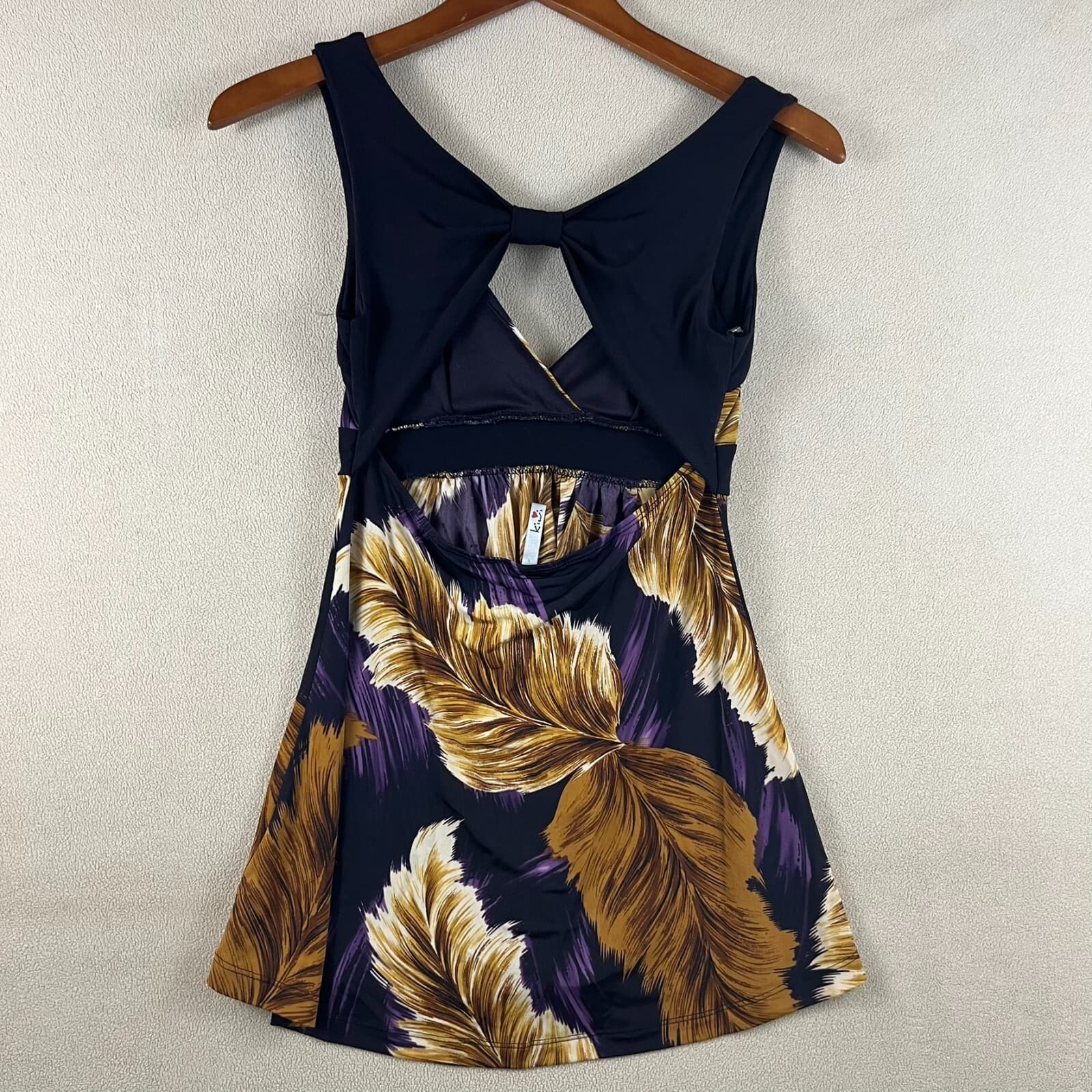 Purple & Gold Feathers Sz Small Tank Top Empire Waist Keyhole Back Y2K Babydoll - Thumbnail 2